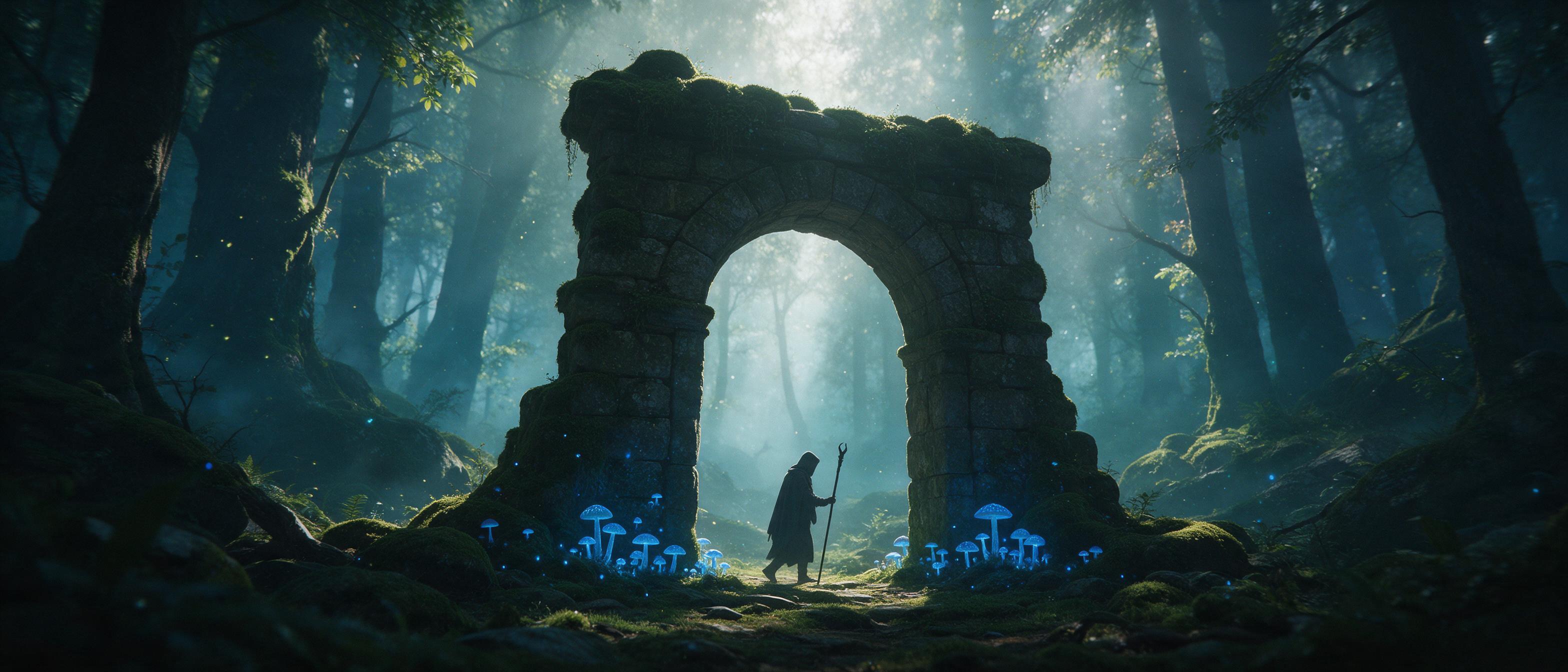 An ancient, moss-covered stone archway in a misty, enchanted forest, glowing blue mushrooms at its base, ethereal light rays piercing through the canopy, a lone hooded figure with a staff walking beneath, cinematic wide shot, dramatic atmosphere