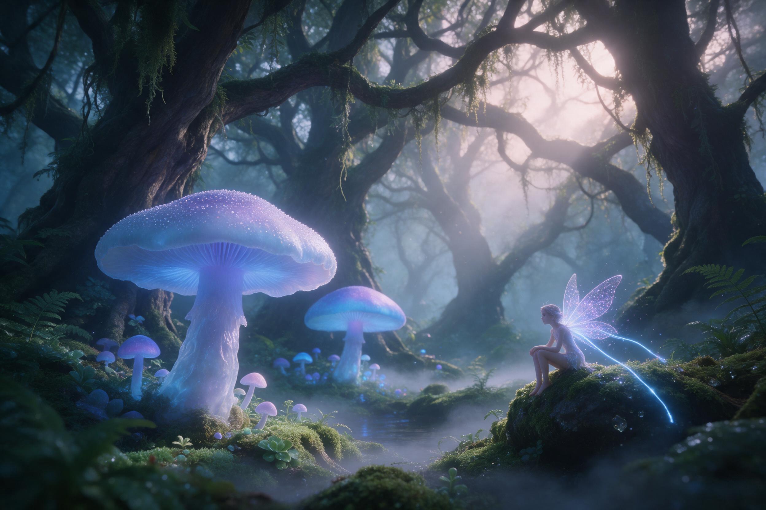 A misty ancient forest at dawn, giant bioluminescent mushrooms glowing soft blue and purple, a tiny winged fairy perched on a mossy stone, ethereal light rays filtering through twisted branches, gentle fog rolling low, dreamy and magical atmosphere, wide-angle composition, soft focus edges