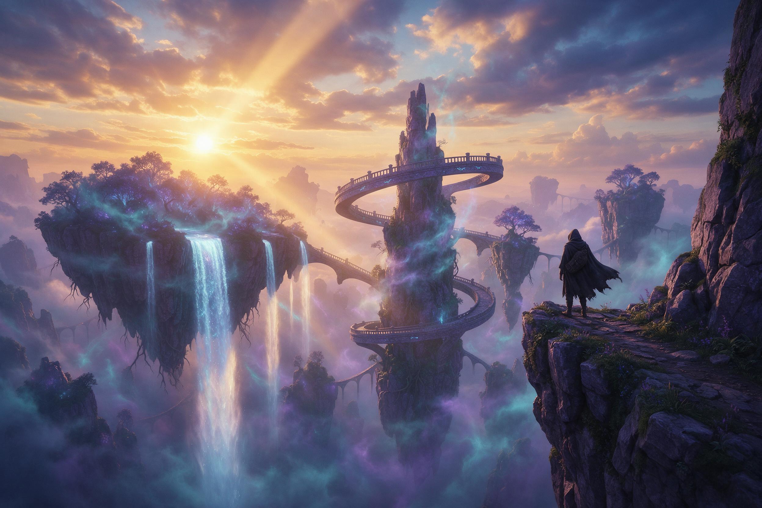 Ancient floating islands with glowing waterfalls cascading into an abyss, cyan and violet mists swirling between the rocks, spiraling stone bridges connecting the landmasses, warm golden light from the setting sun piercing through the clouds, a lone cloaked traveler standing on a cliff edge overlook