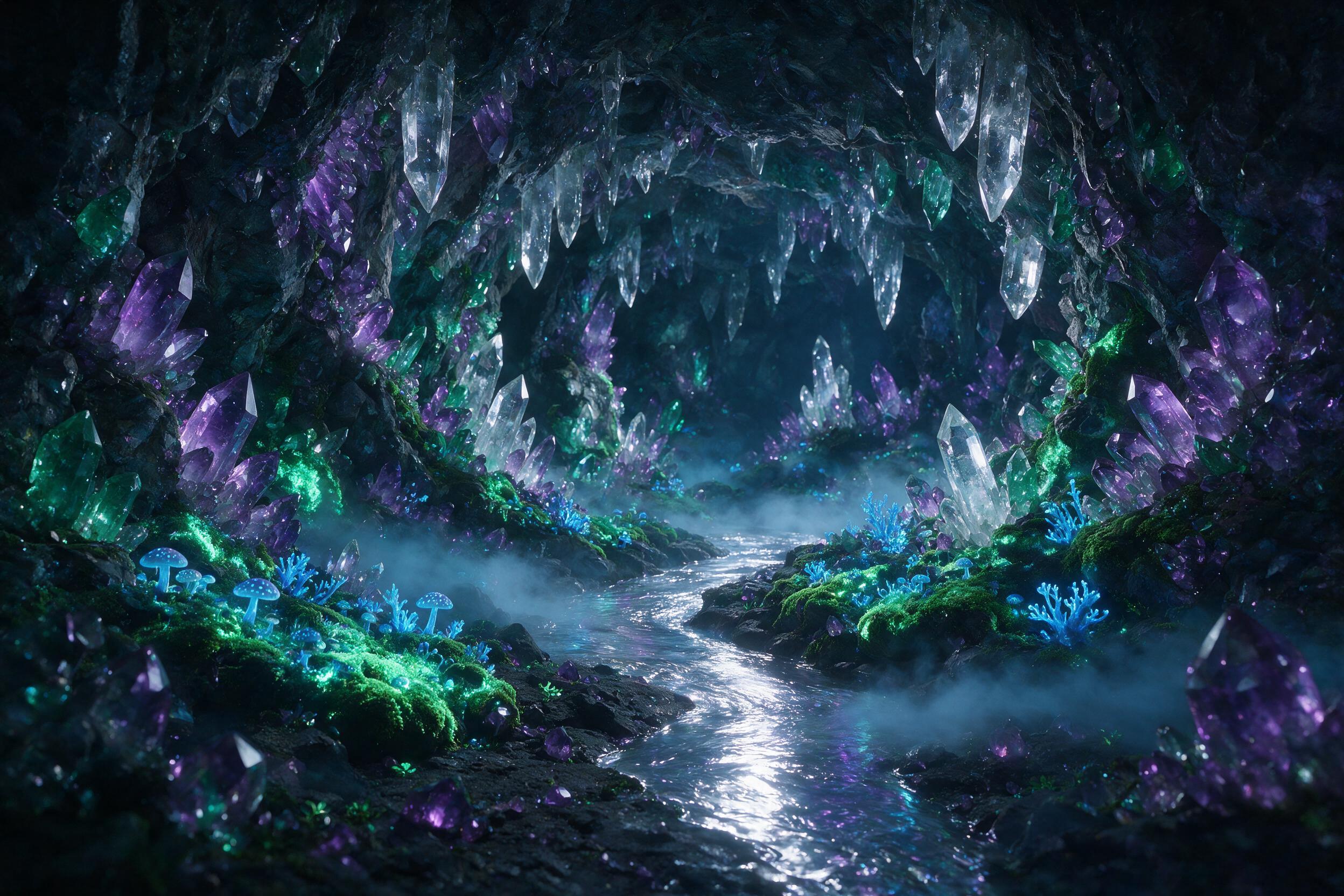 A luminous crystal cave deep underground, bioluminescent moss and glowing blue fungi clinging to jagged rock walls, a small stream of liquid silver flowing through the center, soft mist rising, ethereal light casting long shadows, rich jewel tones of amethyst and emerald, slightly soft focus from mo
