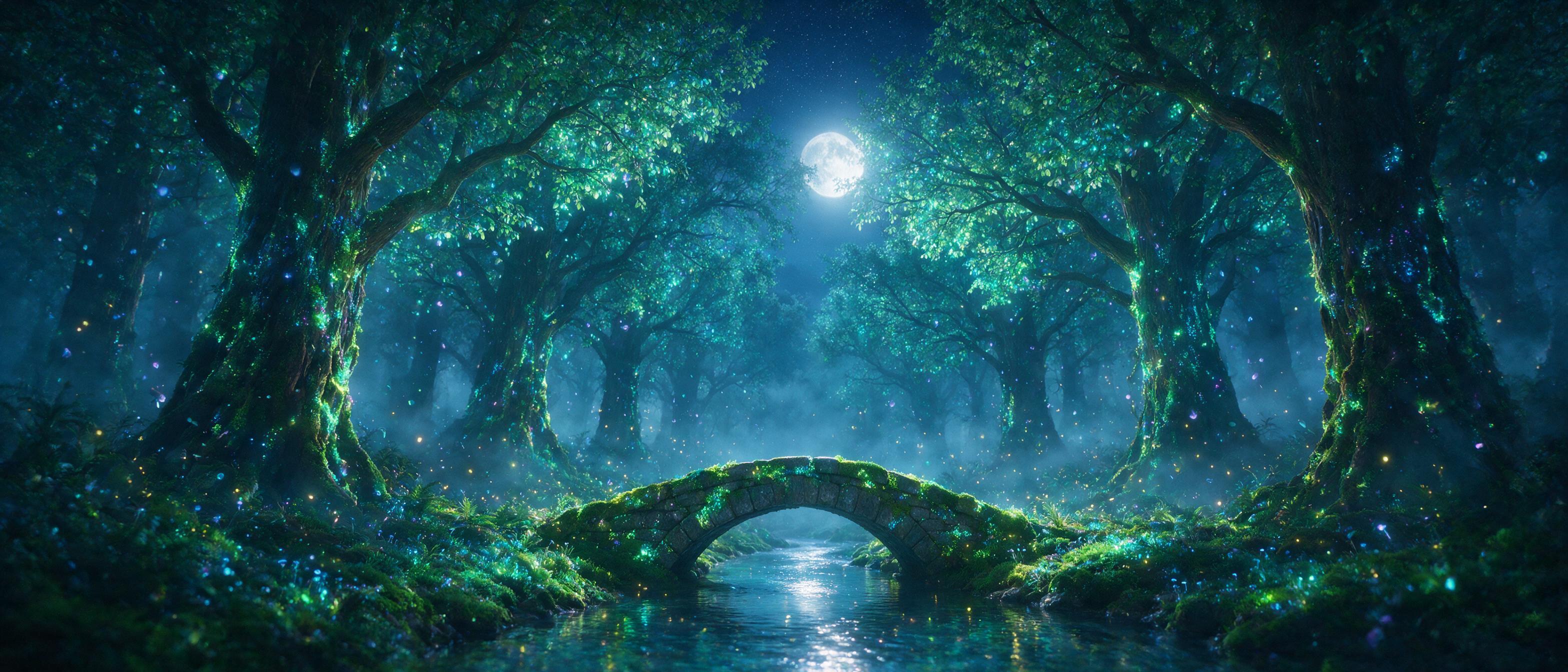 A misty moonlit forest with towering bioluminescent trees, glowing blue and purple spores drifting in the air, a small stone bridge over a reflective stream, fireflies, ethereal fog, soft moonlight through canopy, cinematic composition, shallow depth of field, subtle grain