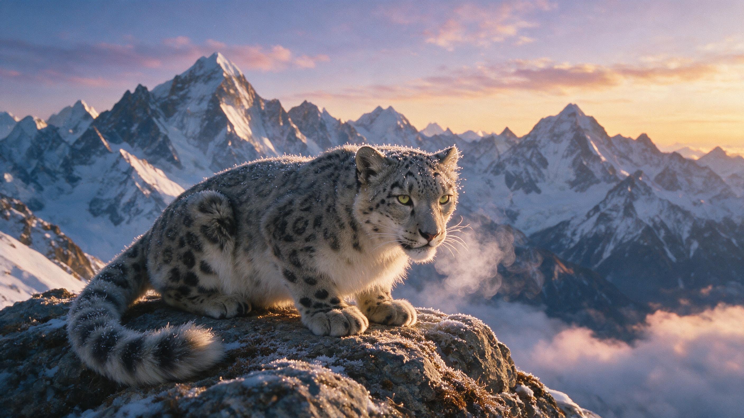 A snow leopard crouches on a rocky outcrop at dawn, its fur dusted with frost, breath misting in the cold air. Soft golden light from the rising sun casts long shadows across the jagged Himalayan peaks in the background. Natural color palette with subtle blue and orange tones, slight grain from earl