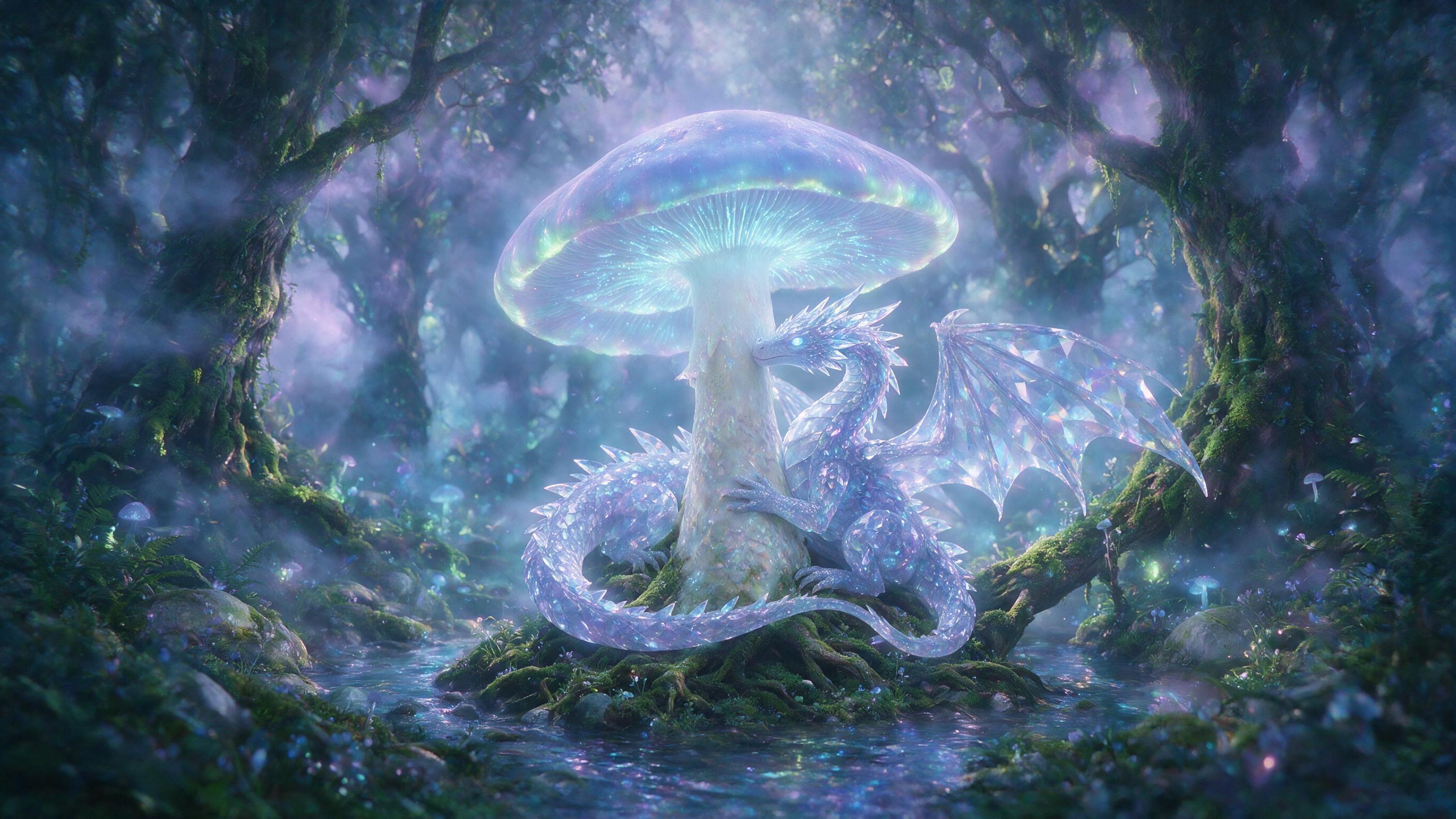 A glowing crystal dragon curled around a giant luminous mushroom in a misty enchanted forest, soft bioluminescent light filtering through ancient trees, subtle purple and blue hues, dreamlike atmosphere, slight camera shake