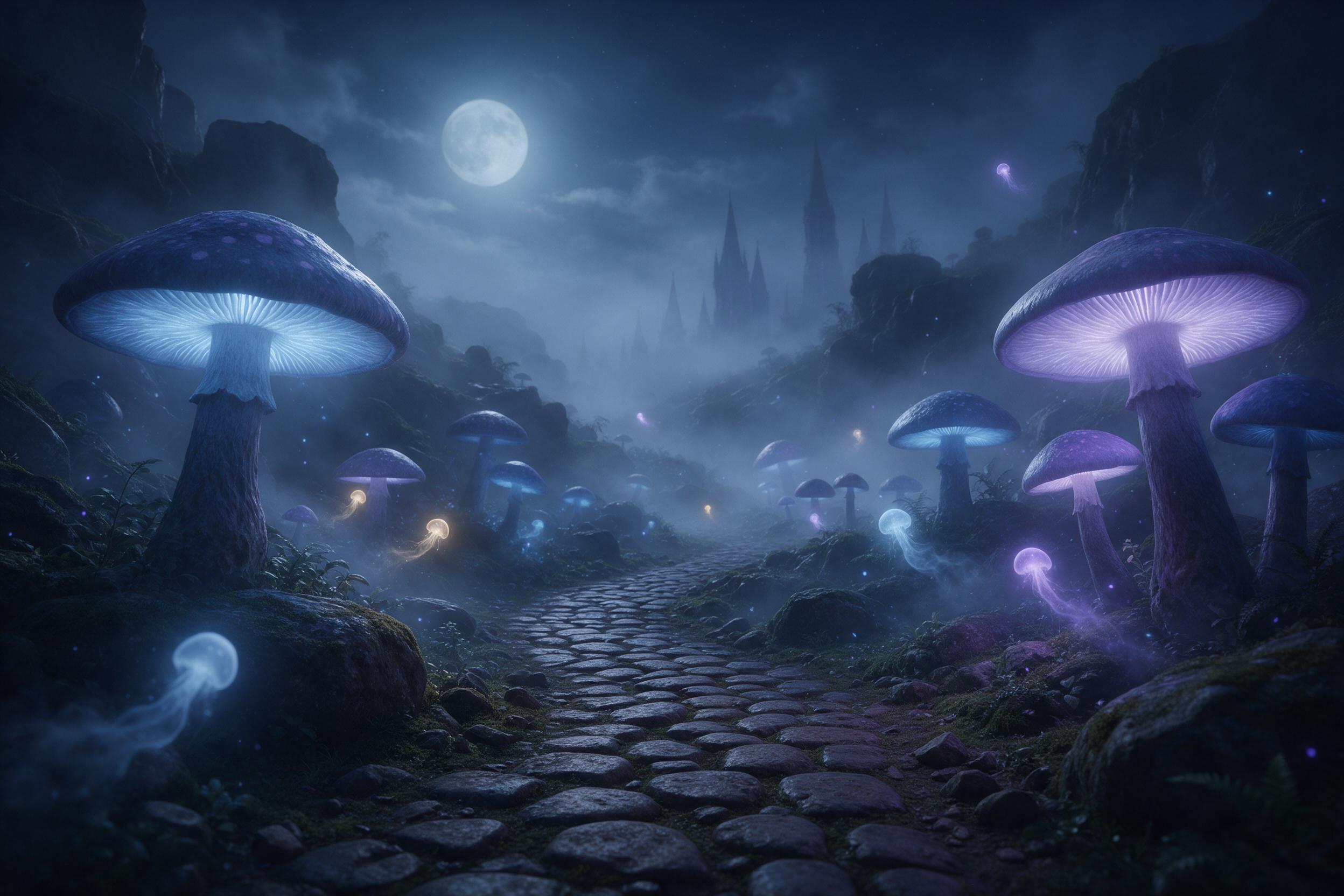A misty moonlit valley with giant glowing mushrooms, their caps casting soft blue and violet light on the mossy ground. Small floating wisp creatures drift between the towering fungi. Foreground shows a winding path of ancient stones. Silhouettes of distant spires in the fog. Ethereal atmosphere.