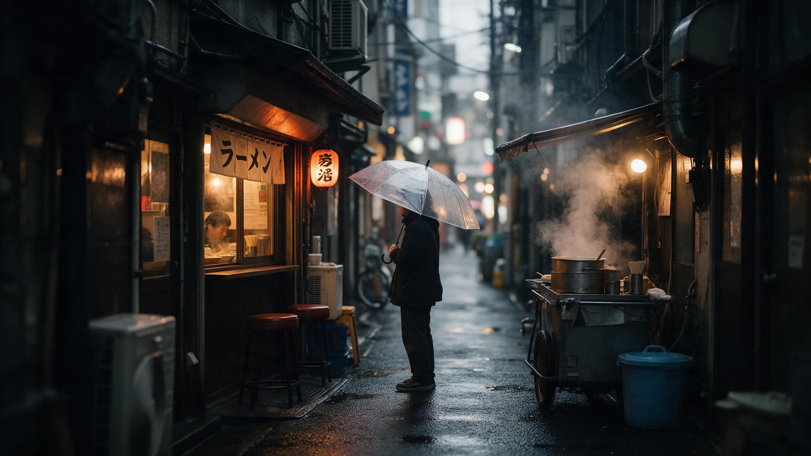 A rainy evening in a narrow Tokyo alley, warm glow from a tiny ramen shop window, reflections on wet asphalt, steam rising from a food cart, a lone figure with a transparent umbrella, shallow depth of field, cinematic composition, soft bokeh lights in background, overcast natural lighting with a hin