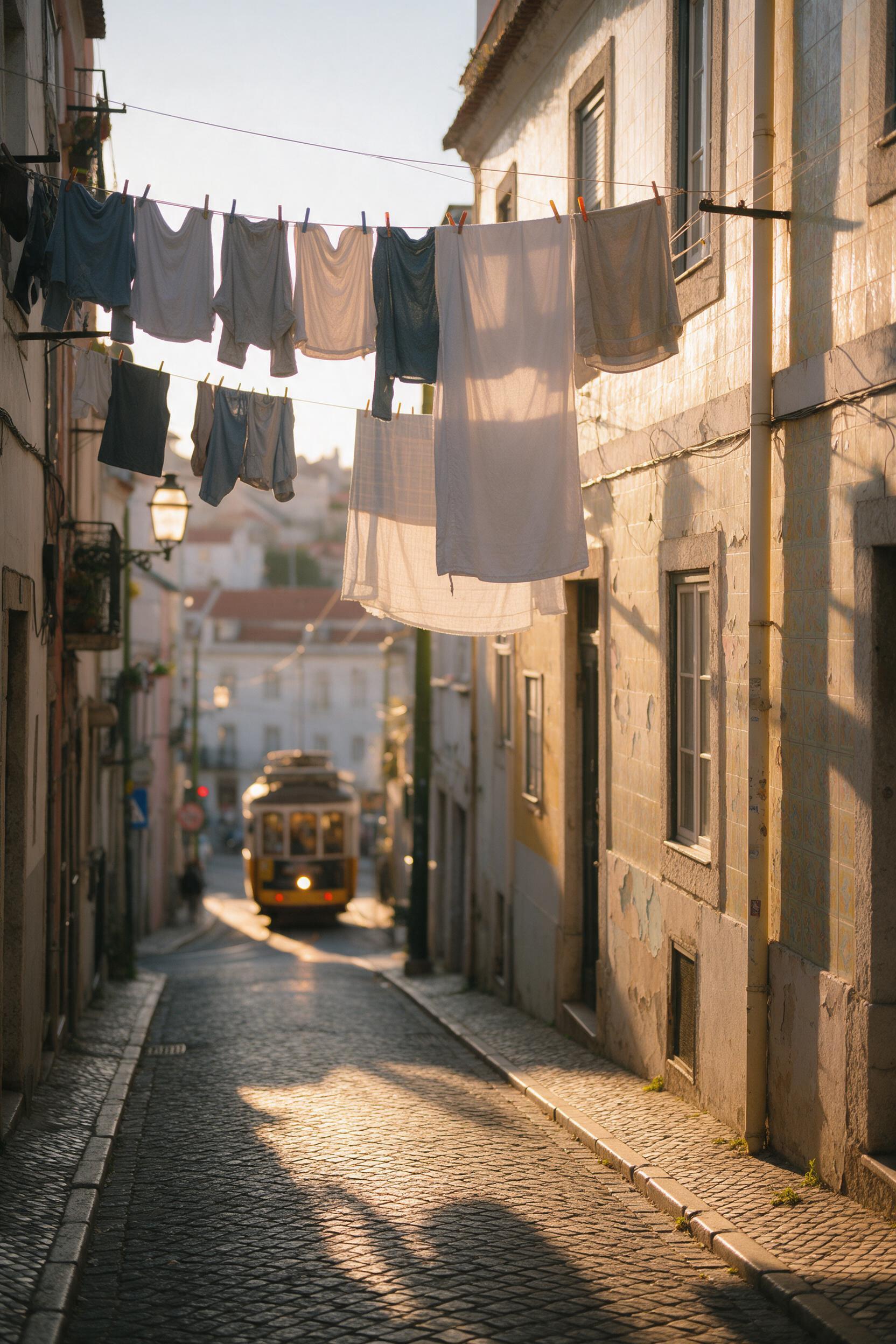 A sunlit cobblestone alley in Lisbon at golden hour, laundry lines overhead casting soft shadows, a pastel-yellow tiled facade peeling gently, warm light bouncing off a distant tram, shallow depth of field, inviting quiet atmosphere.
