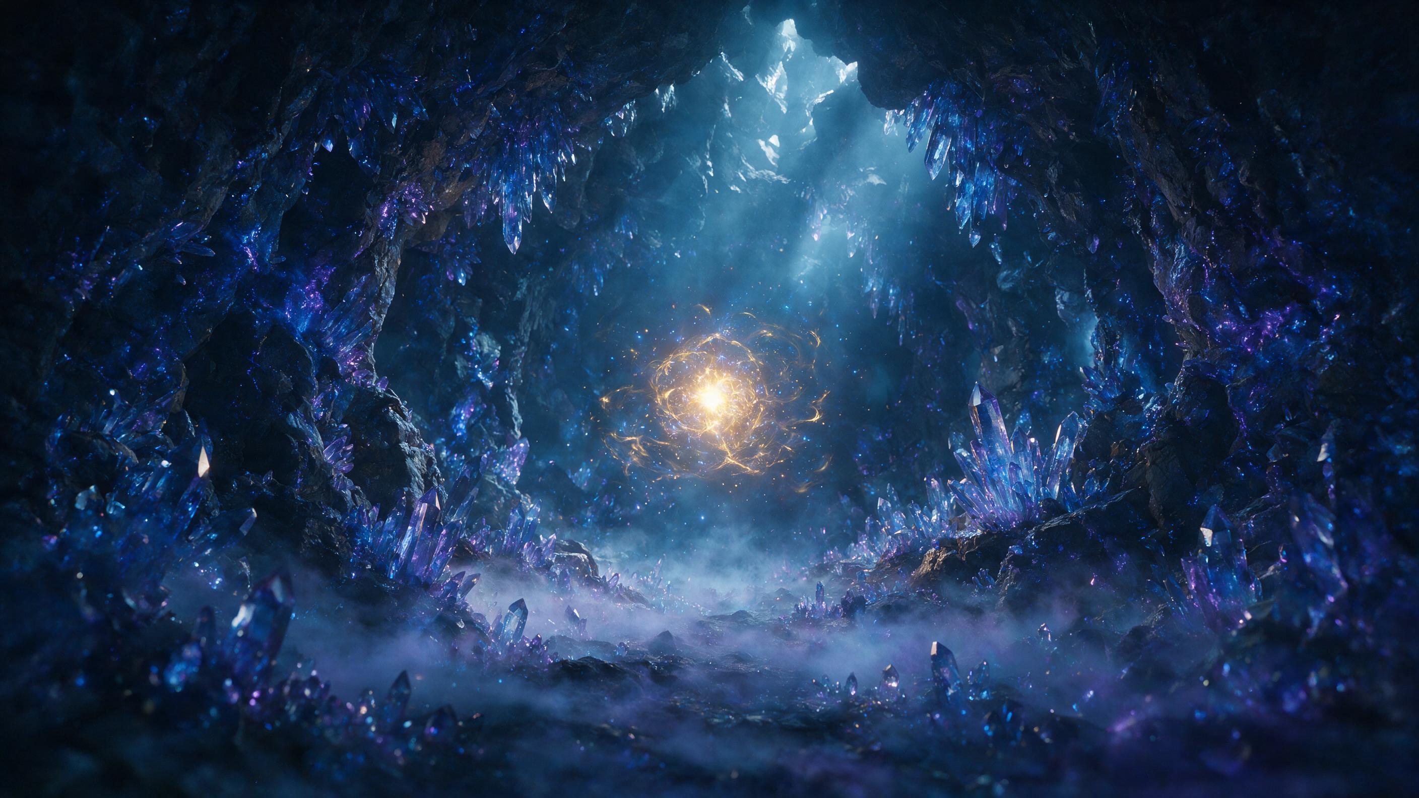 A luminous crystal cave deep underground, glowing blue and purple veins of light across jagged walls, a small floating orb of golden energy in the center, rays of light piercing through cracks above, misty floor, ethereal atmosphere, soft shadows, cinematic composition.