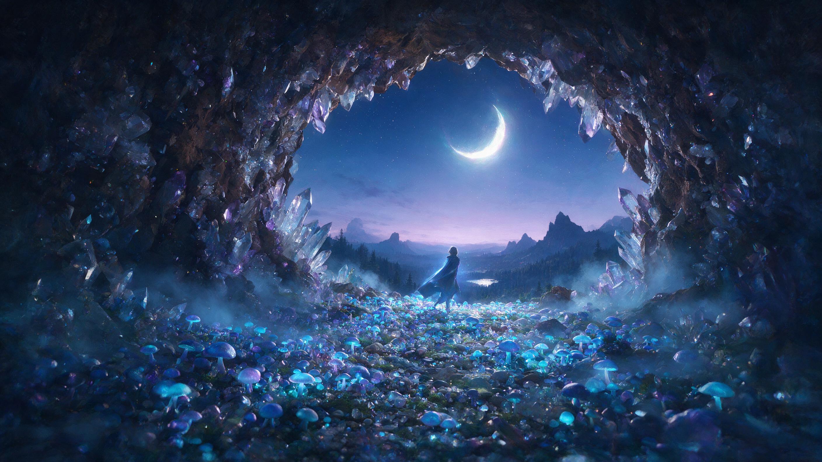 A luminous crystal cave beneath a twilight sky, glowing mushrooms carpet the ground, a single figure in a flowing cloak stands at the cave entrance, rim-lit by soft blue light, misty atmosphere, painted with a brushstroke texture, moonlight filtering through cracks in the cavern ceiling.