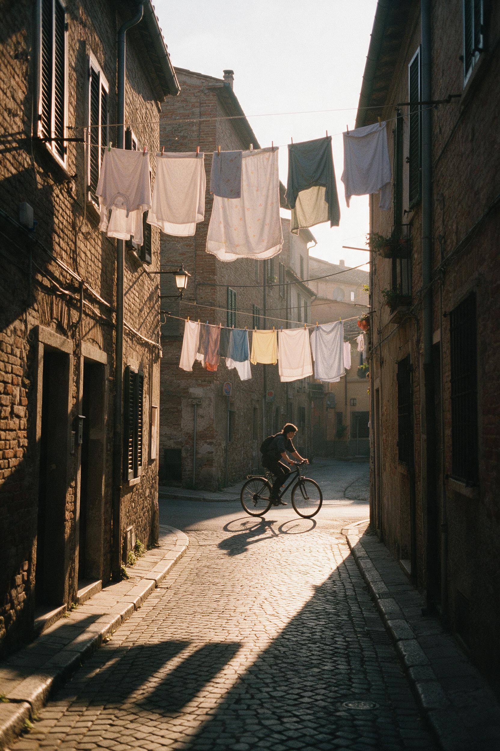 A narrow old-town alley at golden hour, warm light casting long shadows on cobblestones, laundry hanging between aged brick buildings, a lone cyclist turning the corner, film grain, slight motion blur, natural atmospheric glow