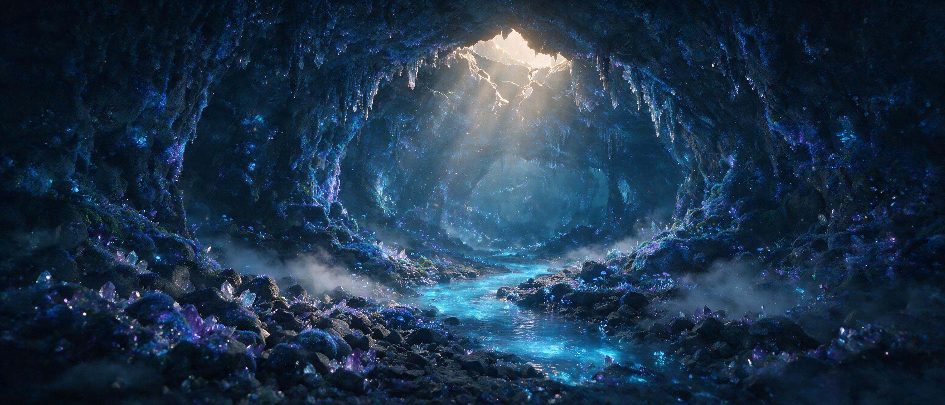 A luminous crystal cave deep underground, glowing blue and purple moss covering the walls, a small stream of bioluminescent water flowing through the center, soft mist rising, natural light rays filtering through a crack in the ceiling, subtle dust particles dancing in the air, cinematic composition