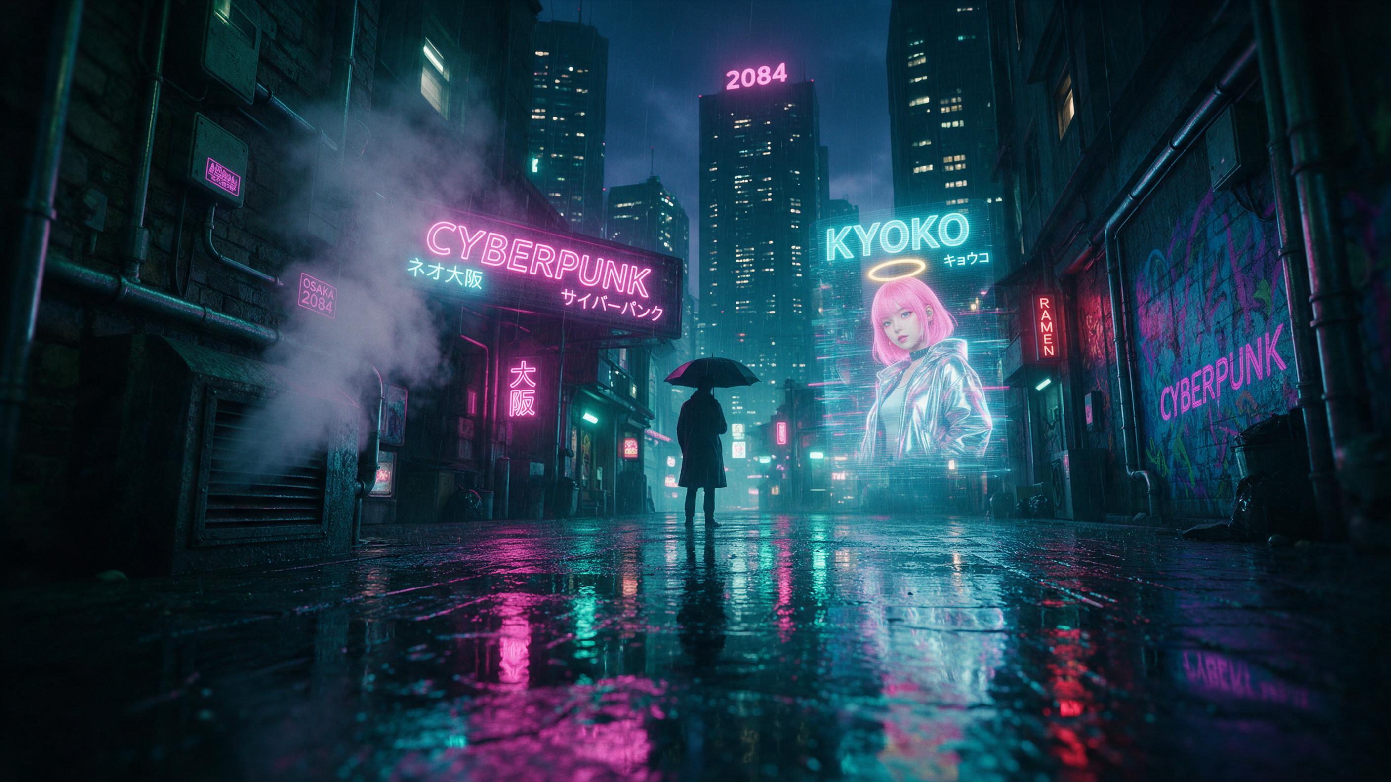A rainy cyberpunk alley at night, neon signs reflecting on wet pavement, steam rising from a vent, silhouette of a lone figure with an umbrella, glowing holographic advertisements, cinematic composition, teal and magenta color palette