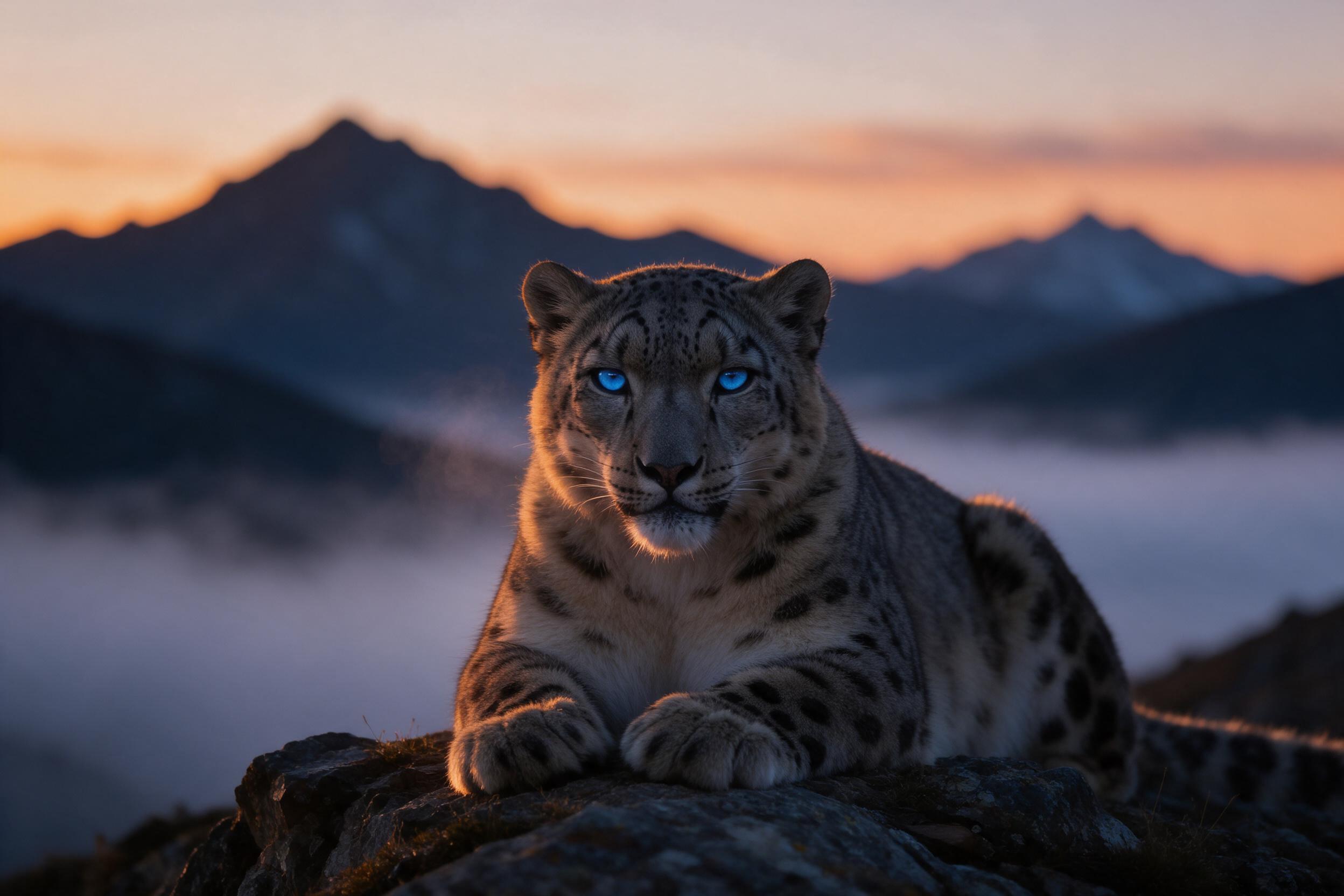 A snow leopard rests on a rocky outcrop at twilight, fur catching the last amber light, piercing blue eyes fixed forward. Fine mist wraps the valley below, while its breath forms a faint vapor. Shallow depth of field blurs distant peaks, emphasizing the cat's textured coat and calm vigilance.