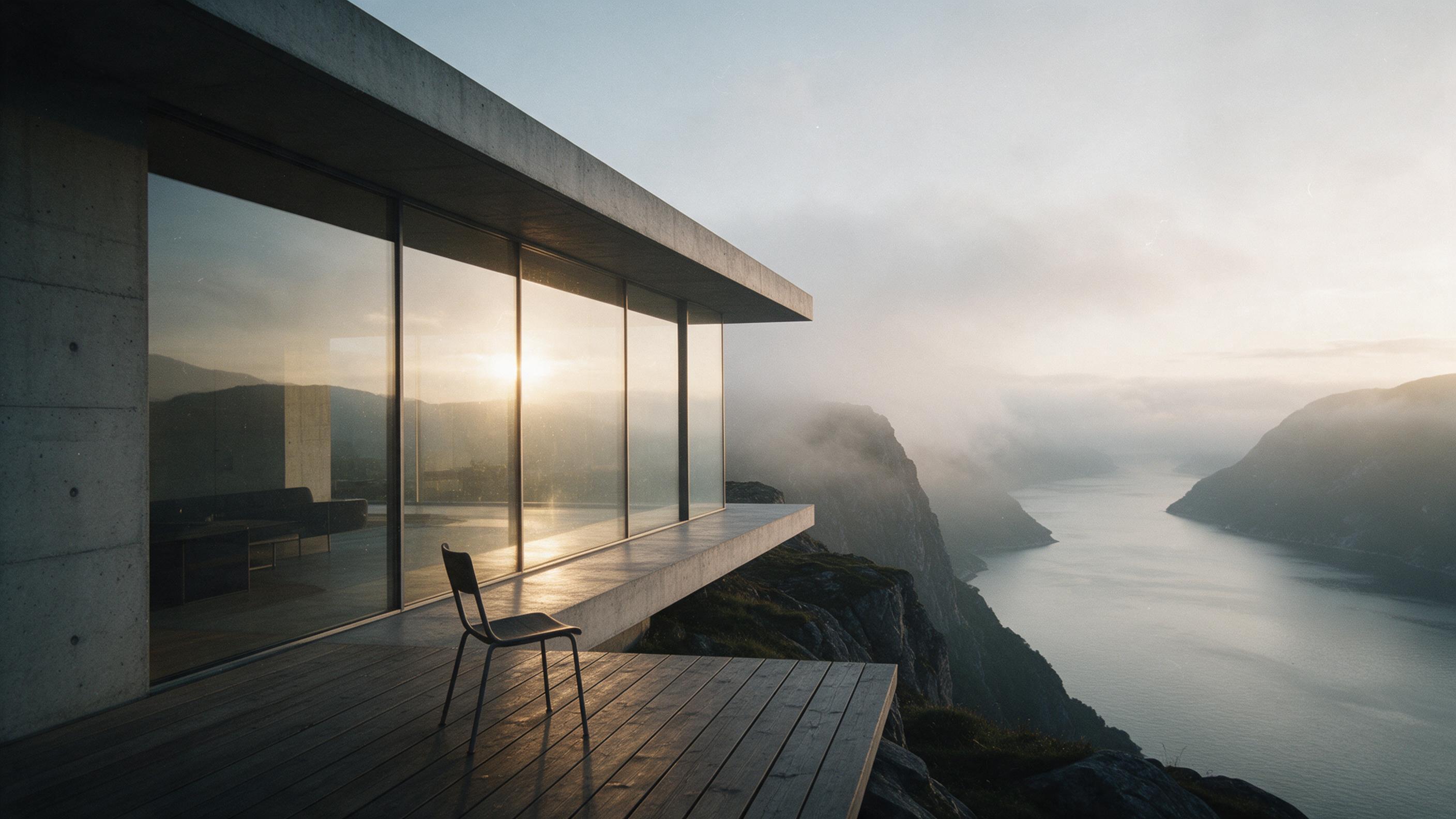 A minimalist concrete house on a cliff overlooking a misty fjord at dawn. Large glass walls reflect soft golden light. In the foreground, a wooden deck with a single chair. Slight film grain, subtle haze, and a wide-angle composition emphasizing the dramatic cliff edge.