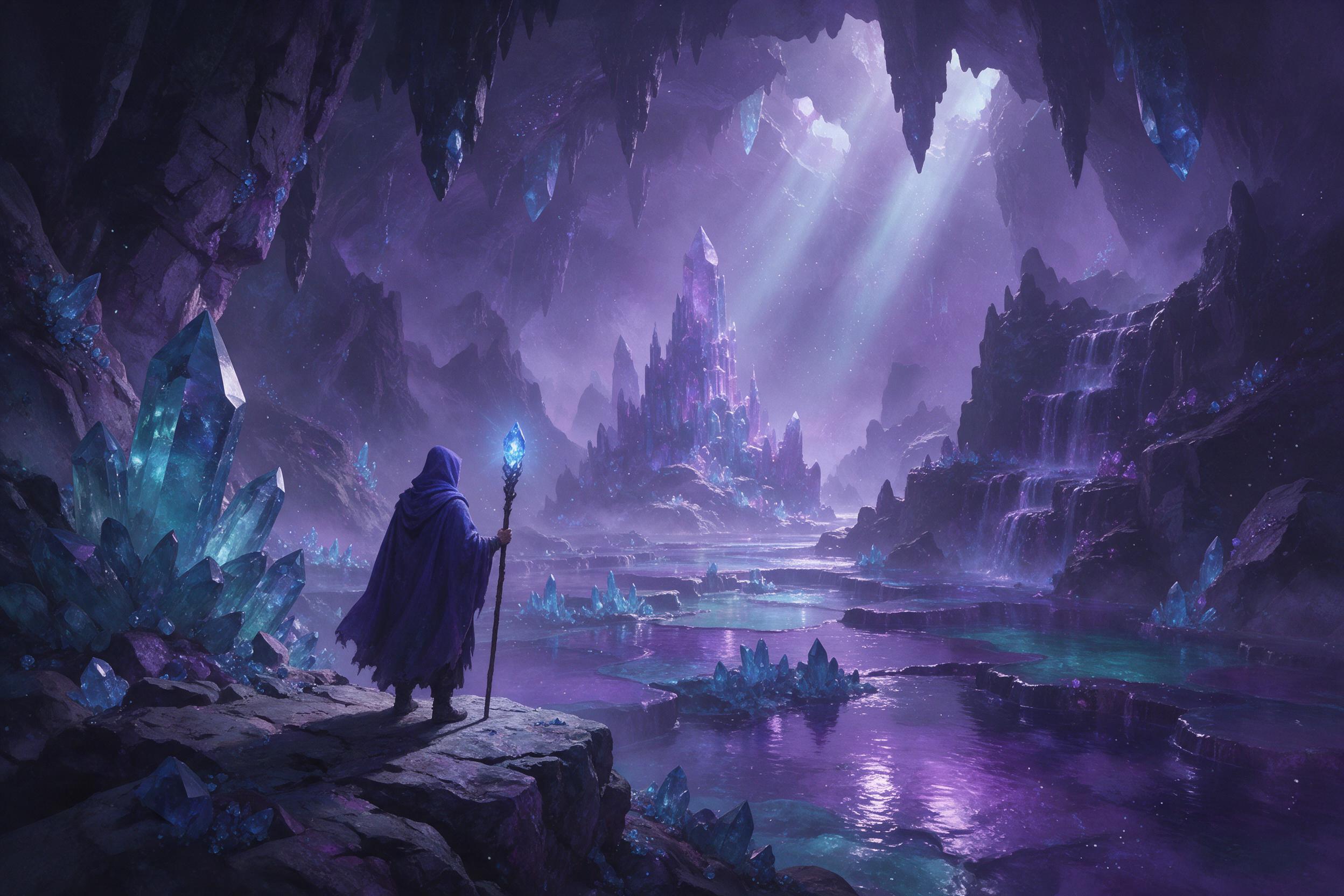 Misty crystal cavern beneath a mountain, glowing blue crystals casting soft shadows on reflective pools, a cloaked figure with a staff overlooking the chasm, ethereal light beams filtering from above, rich purples and teals, fantasy style, intricate details, atmospheric depth