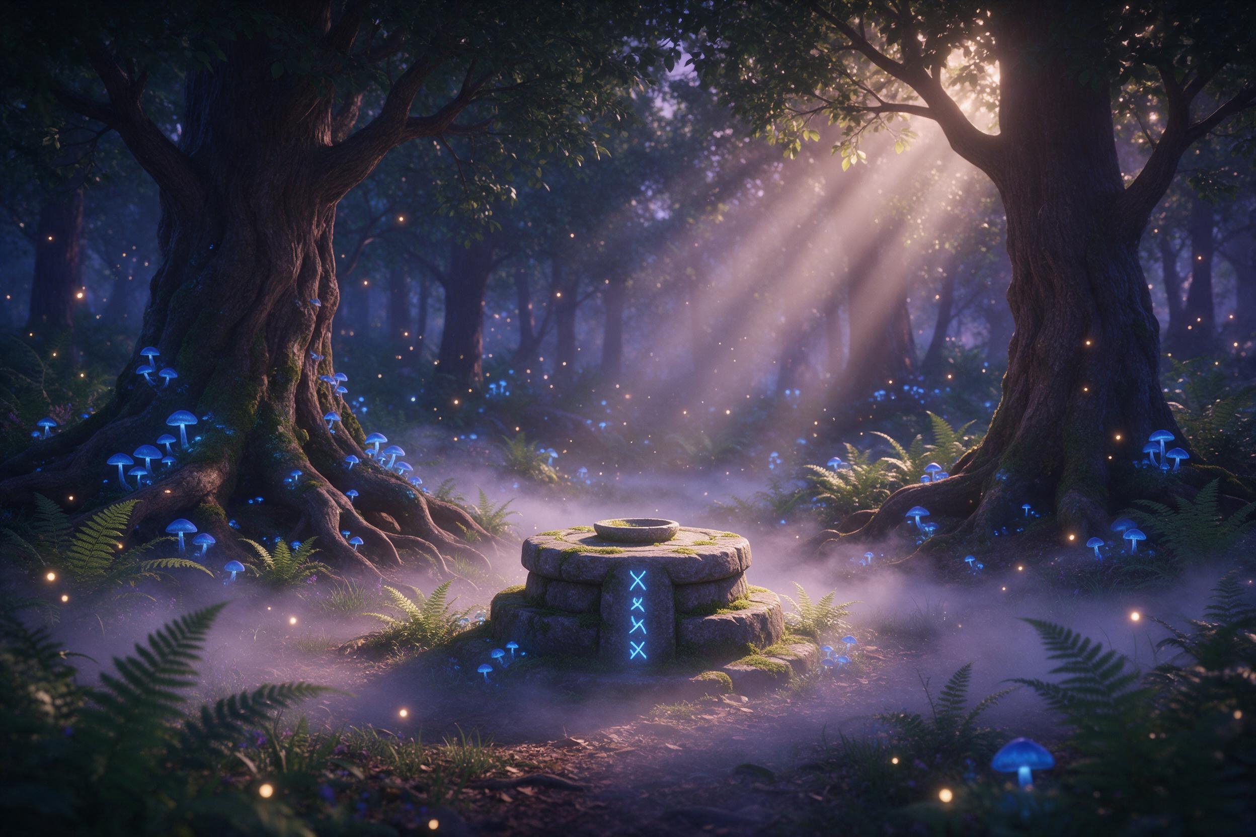 An enchanted forest clearing at twilight, towering ancient trees with glowing blue mushrooms, a shimmering mist weaving through ferns, soft violet and amber light filtering through dense canopy, a small stone altar covered in moss and runes, ethereal fireflies floating, dreamy atmosphere with gentle