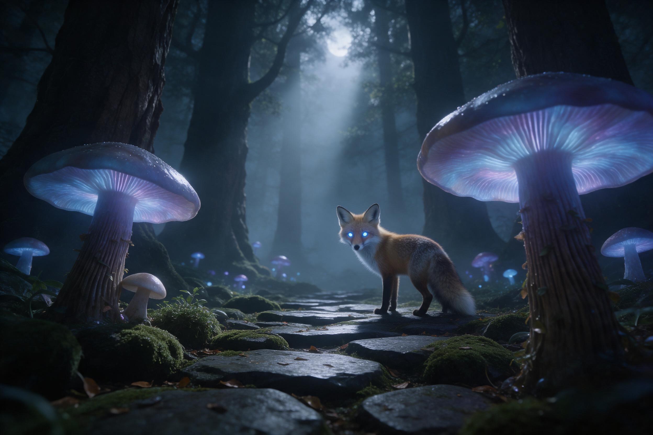 A misty ancient forest where giant bioluminescent mushrooms glow in soft blue and violet hues. Shafts of moonlight pierce through the canopy, illuminating a winding stone path covered with moss. A small fox with glowing eyes stands on the path, gazing back. Composition: low angle, foreground mushroo