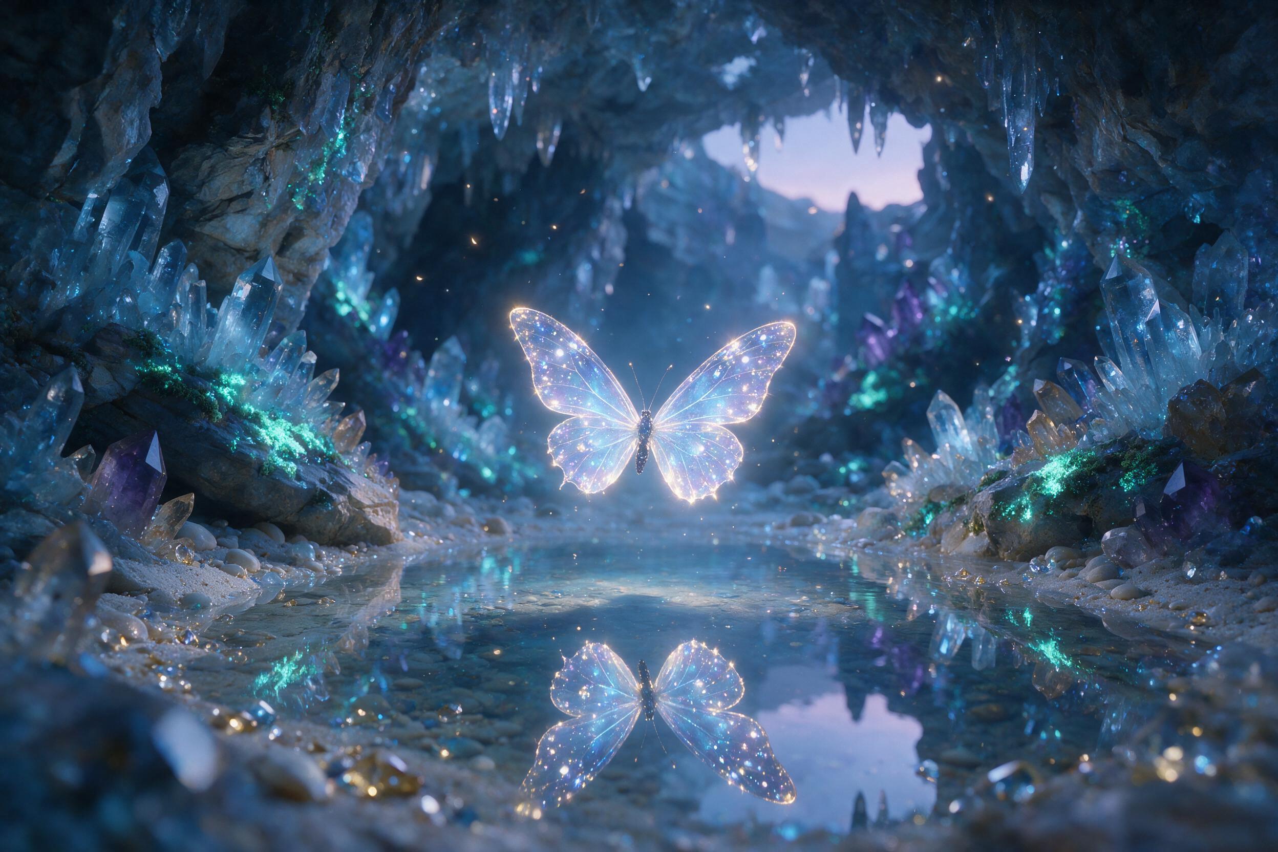 A luminous crystal cave at twilight, bioluminescent moss clinging to jagged rock walls, a single glowing butterfly with translucent wings hovers above a still pool reflecting the cavern's soft blue light, shallow depth of field, ethereal atmosphere