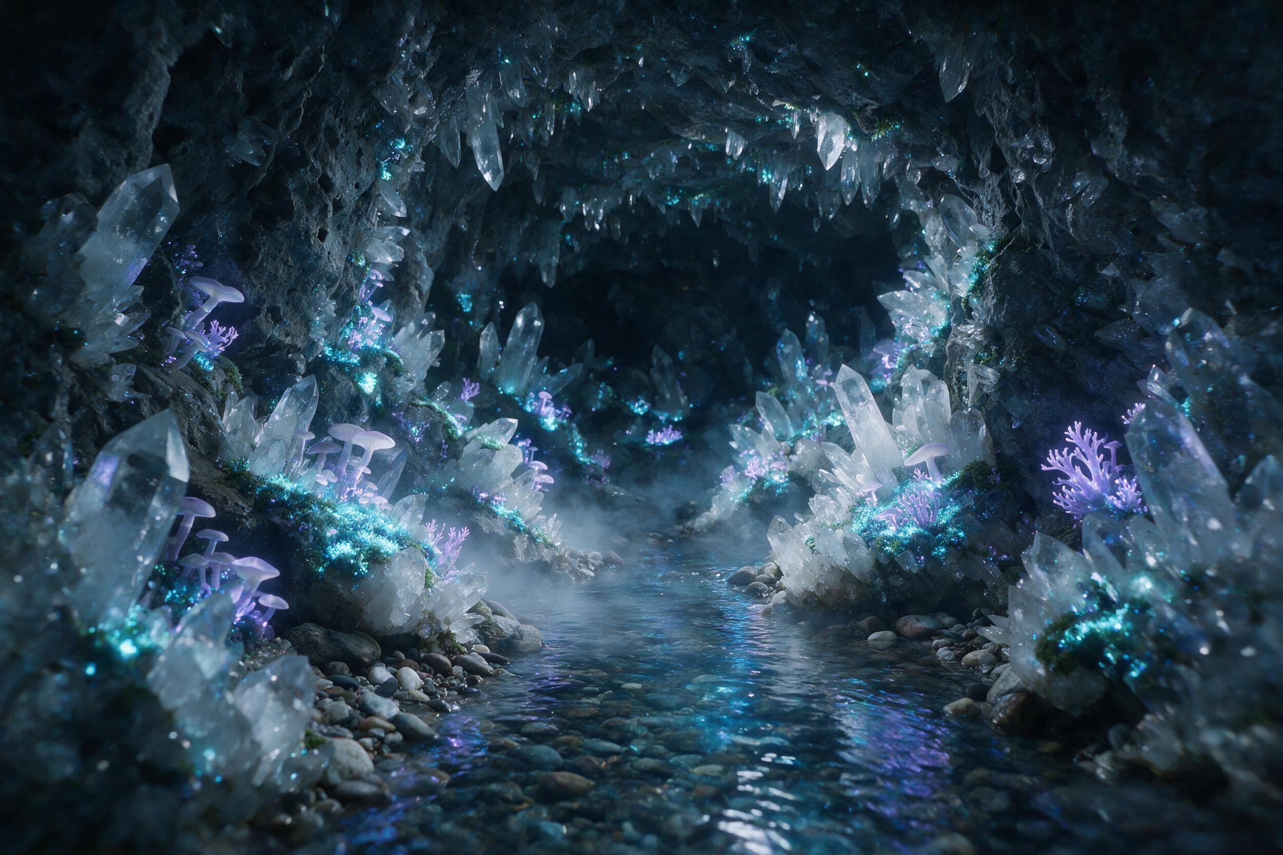 A glowing crystal cave deep underground, bioluminescent moss and fungi casting soft blue and purple light on jagged quartz formations, a small stream of clear water reflecting the eerie glow, mist rising from the water, slight camera shake capturing the surreal atmosphere, natural lighting from the 