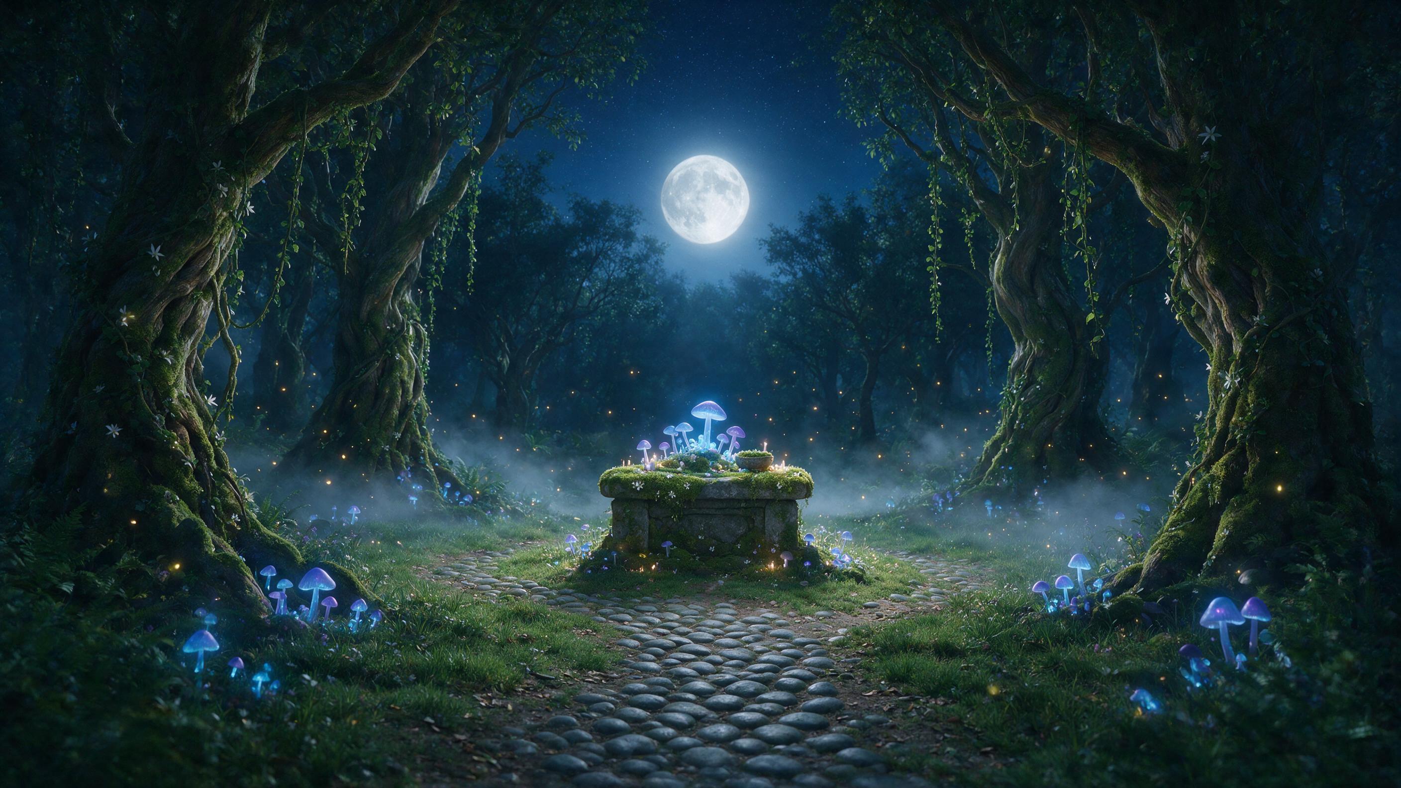 A moonlit enchanted forest clearing, bioluminescent mushrooms casting soft blue and violet glow, ancient twisted trees with hanging vines, a small stone altar covered in moss, fireflies drifting in the air, gentle fog, composition centered on the altar with a path leading to it, cinematic lighting, 