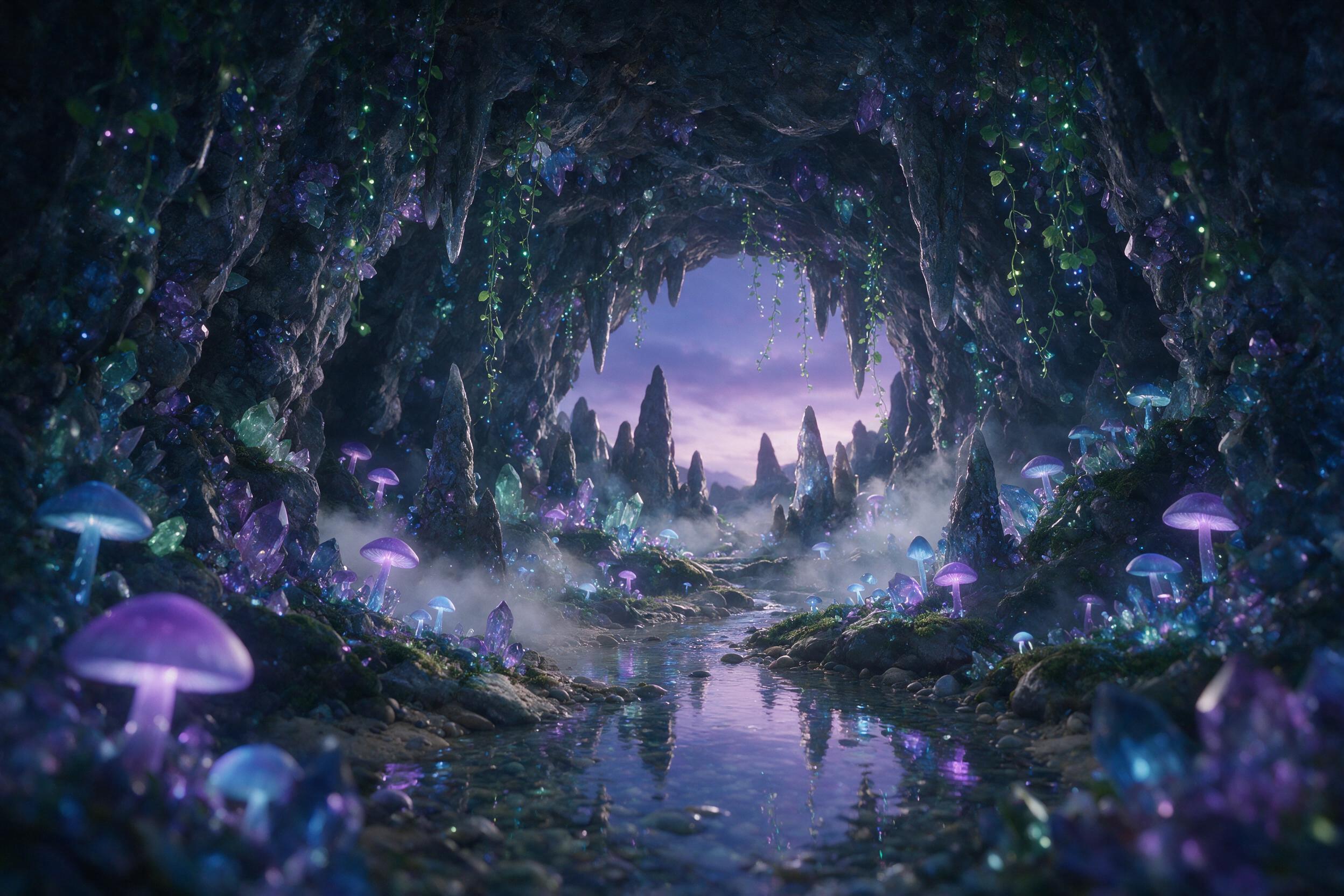 A luminous crystal cave at twilight, glowing mushrooms and bioluminescent vines cascading from rocky ceilings, a small stream reflecting purple and blue light, soft mist curling around stalagmites, cinematic composition with shallow depth of field, natural ambient glow, no harsh shadows