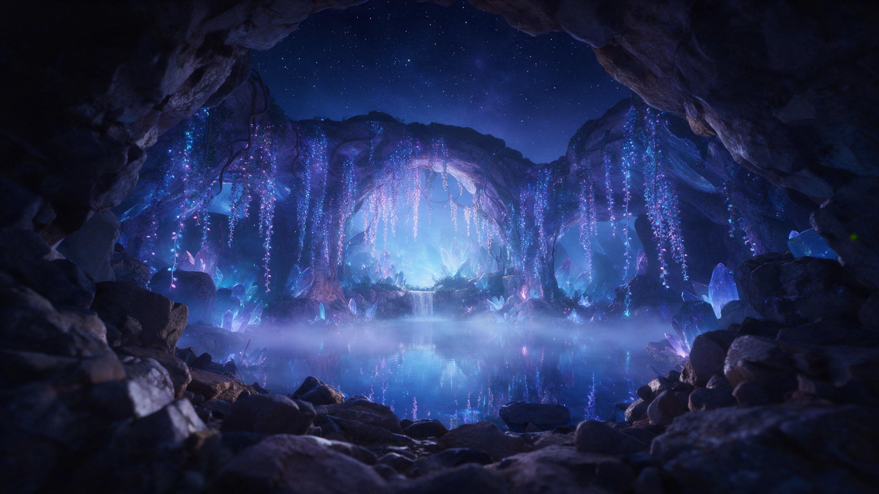 A glowing crystal grotto beneath a starry sky, luminescent vines cascading from rocky arches, a small waterfall feeding a mirror-like pool, ethereal blue and violet light, soft mist, cinematic composition with foreground rocks framing the scene