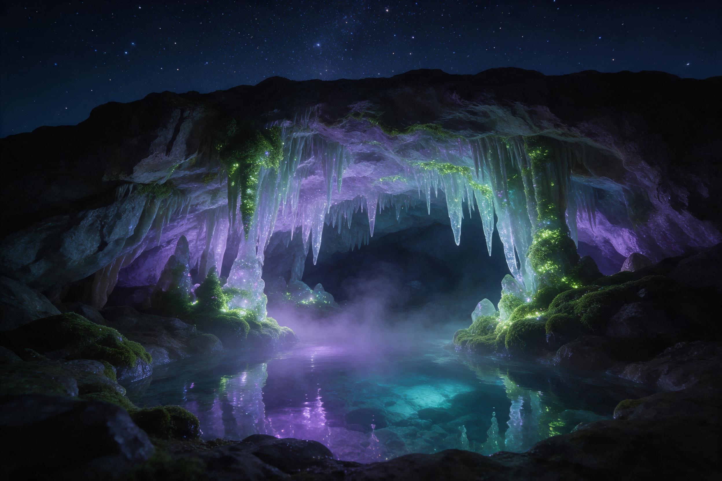 A glowing crystal cave under a starry night sky, bioluminescent moss covering stalactites, a small clear pool reflecting purple and teal lights, mist rising from the water, soft magical glow, wide-angle view, tranquil atmosphere.