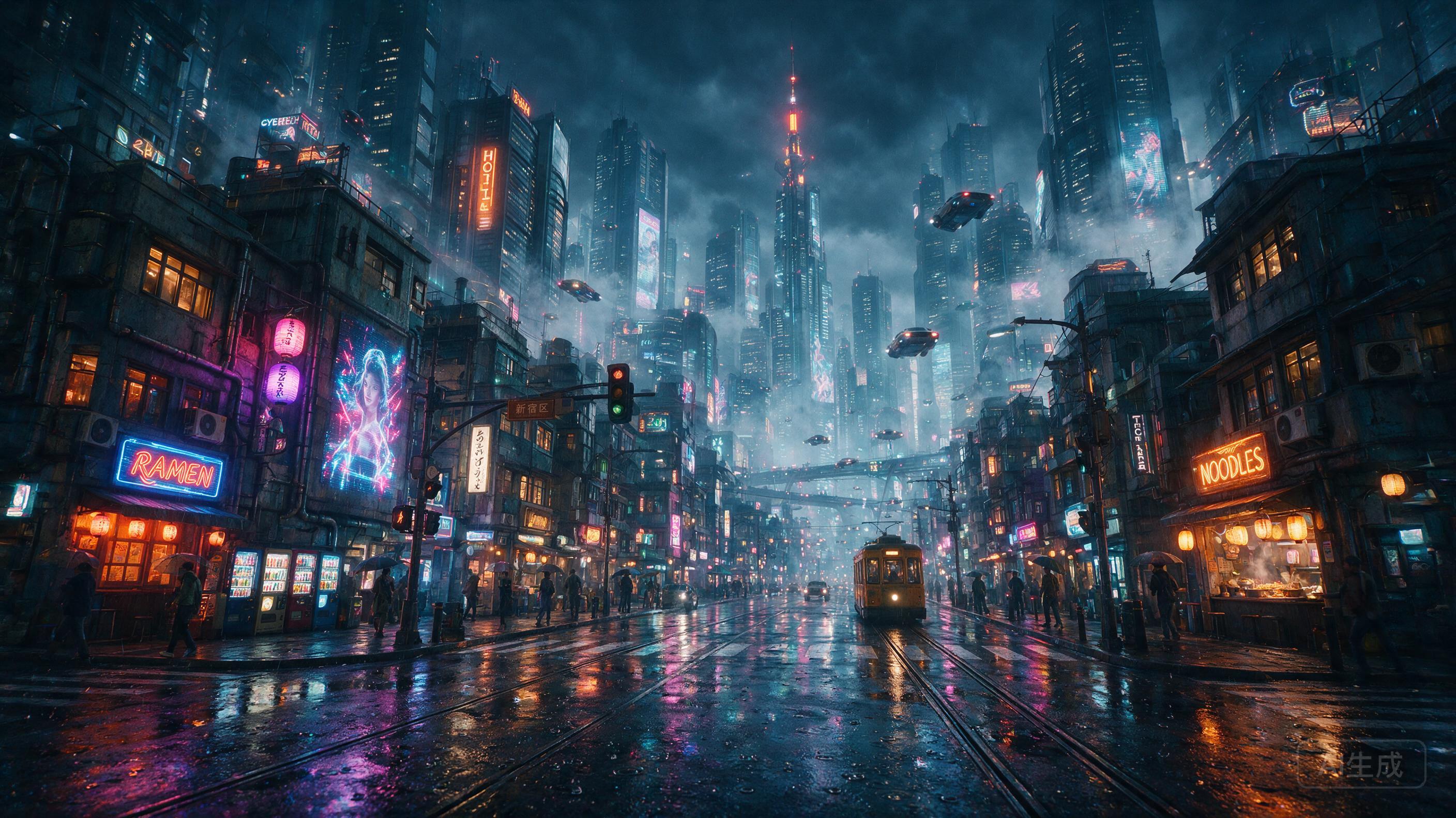 Futuristic cityscape with neon lights reflecting on wet streets, cyberpunk aesthetic, volumetric fog, cinematic lighting