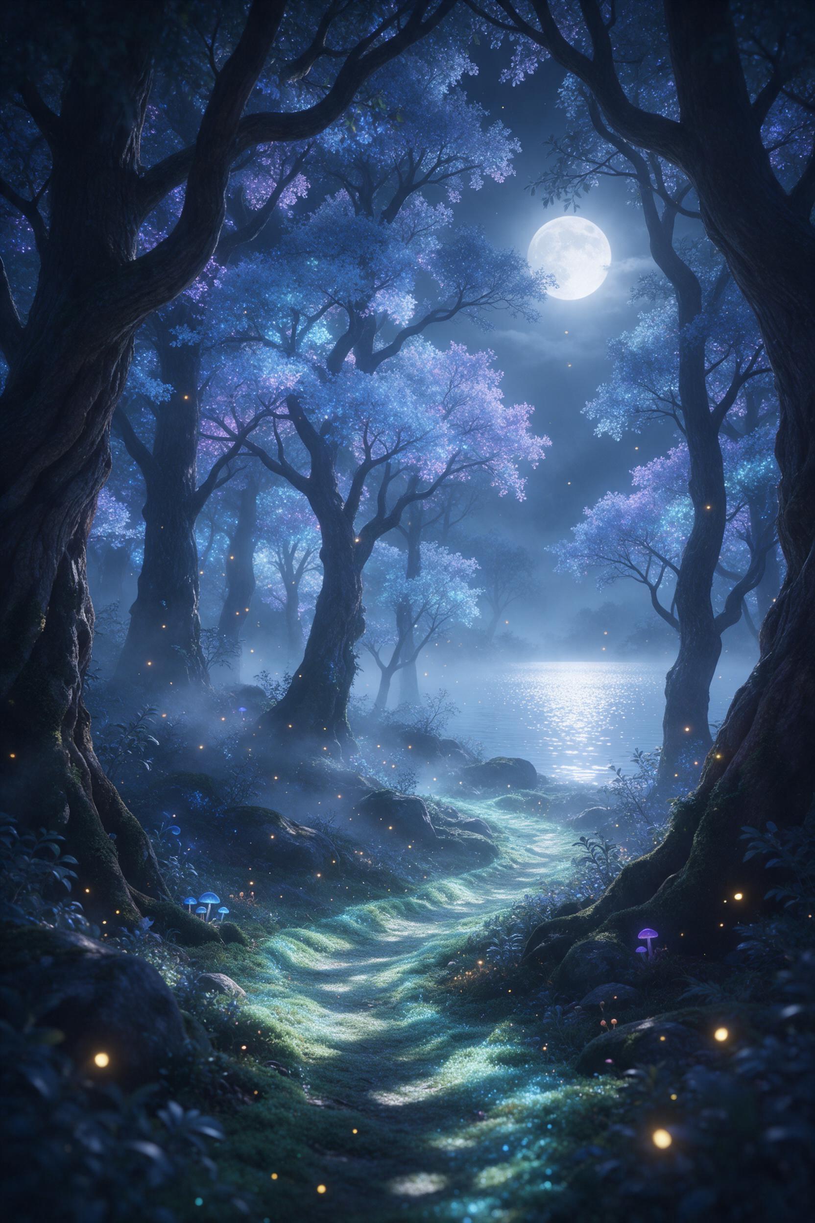 A misty ancient forest with towering bioluminescent trees emitting soft blue and violet light. A winding path of glowing moss leads to a shimmering silver lake. Gentle fog drifts between gnarled branches, while fireflies create pinpricks of warm amber. Full moon illuminates the scene, casting dapple