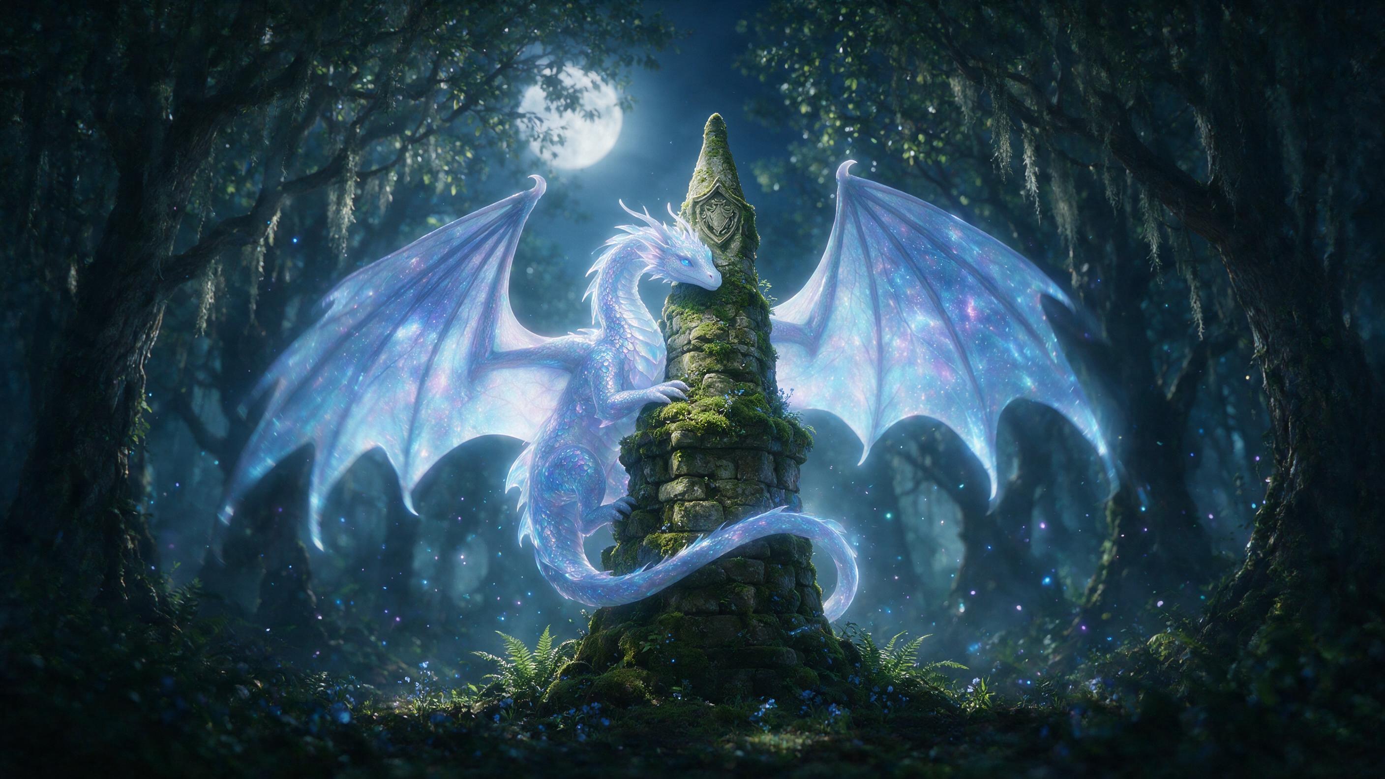 A glowing, translucent dragon coiled around a moss-covered stone spire in a misty forest, dappled moonlight filtering through ancient trees, ethereal blue and violet light particles floating, soft depth of field, cinematic composition, slight motion blur on wings