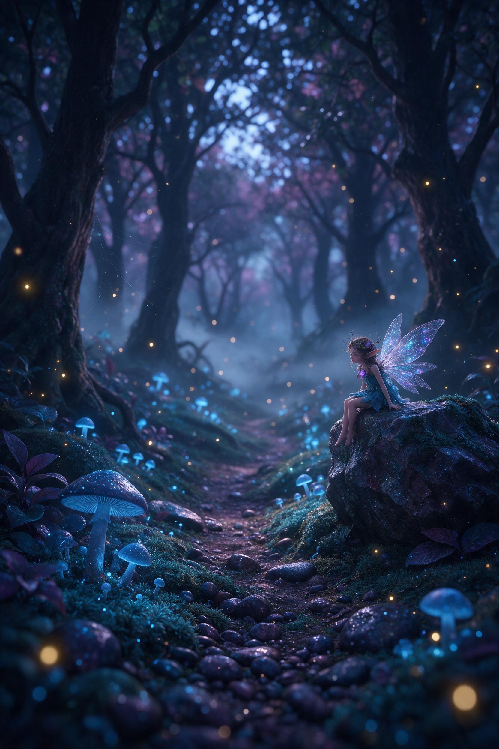 In a twilight forest, glowing blue mushrooms light the path, a small fairy with translucent wings rests on a mossy stone, soft mist drifts, fireflies float, deep teal and purple palette, ethereal atmosphere, dappled light through ancient trees, macro details in foreground, dreamlike composition.