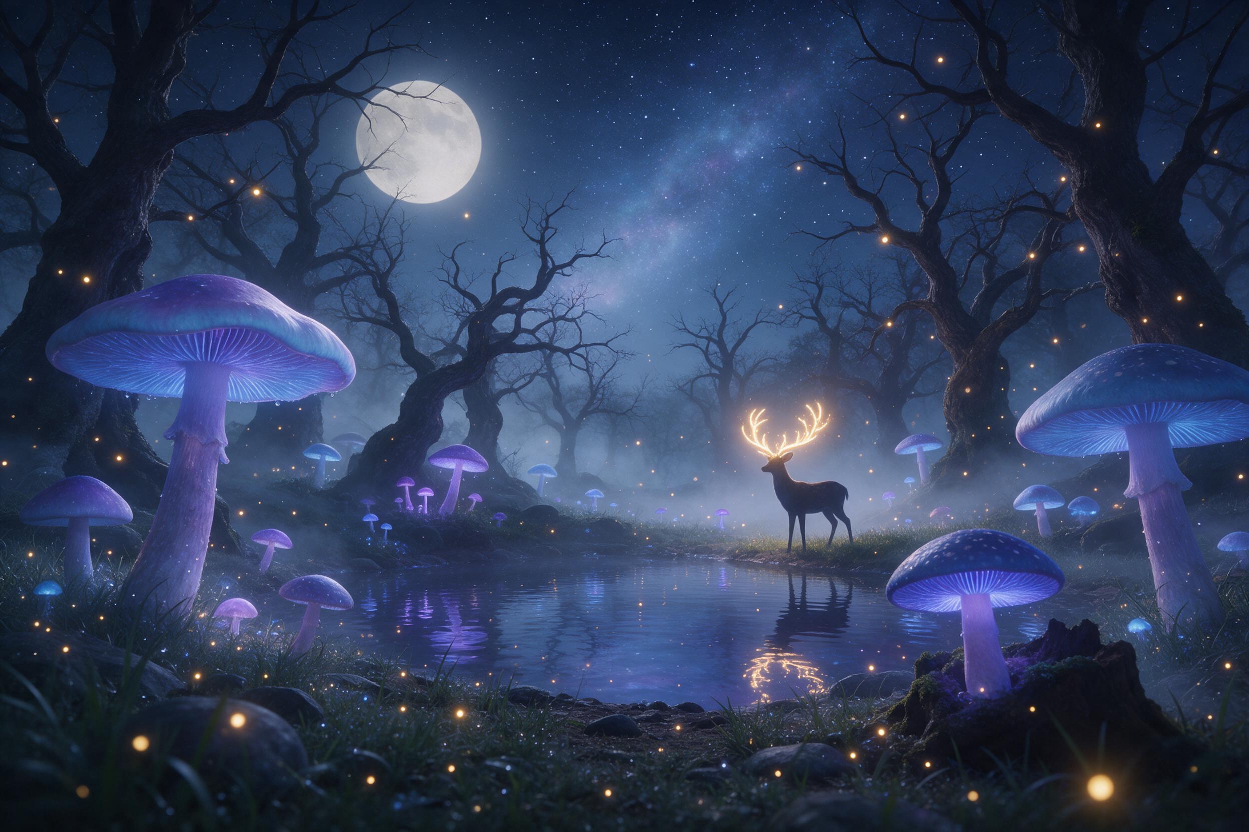 Ethereal moonlit forest clearing, giant luminescent mushrooms casting soft blue and violet glow, a crystal-clear pond reflecting starry sky, mist weaving between ancient twisted trees, fireflies drifting like golden sparks, silhouette of a small deer with glowing antlers at the water's edge, dreamy 