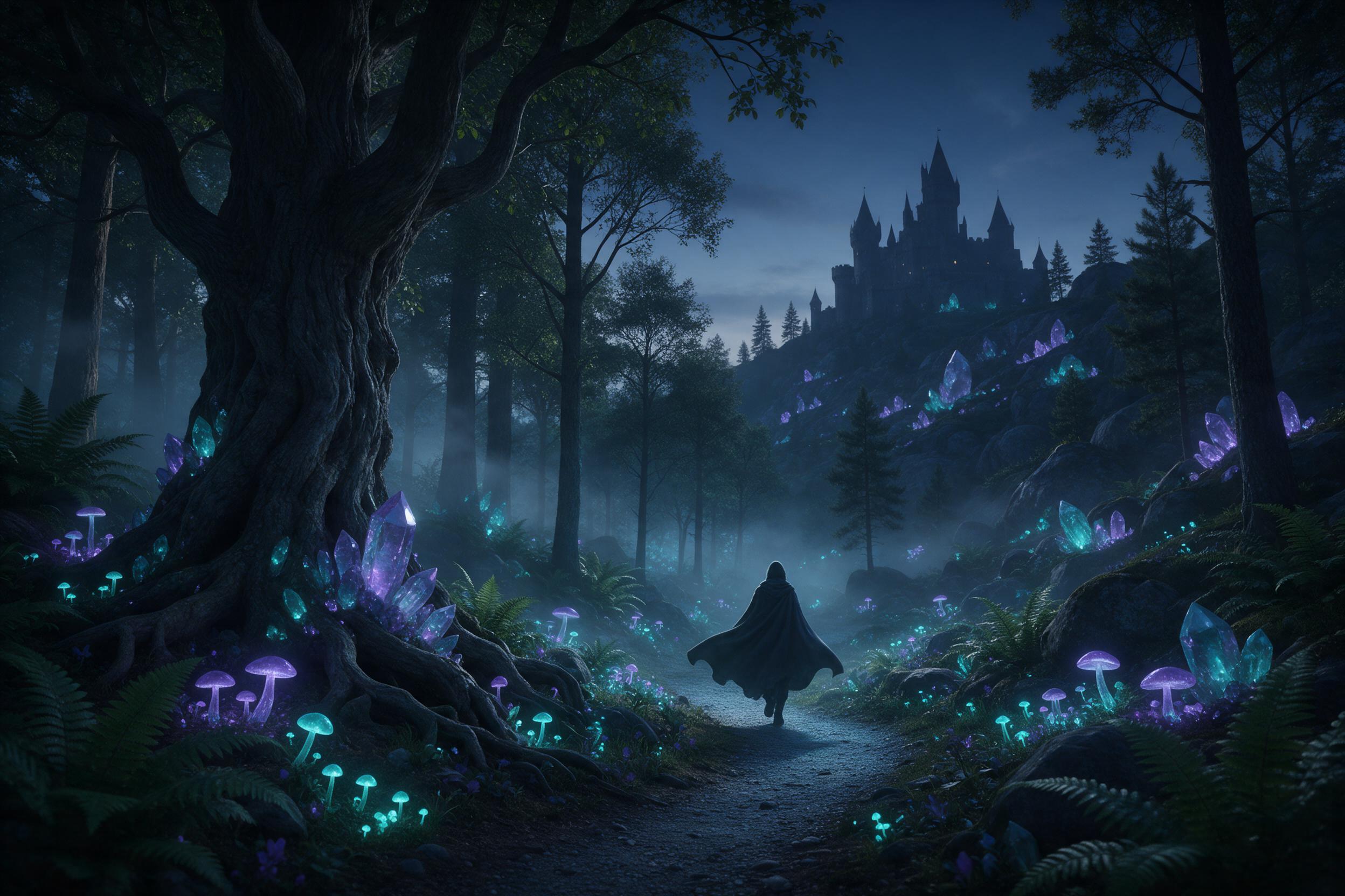 A glowing crystal forest at dusk, bioluminescent flora casting soft teal and violet light, a winding path through ancient ferns, a lone figure in a flowing cloak walking toward a distant castle silhouette, mist weaving between trees, chiaroscuro lighting, ethereal atmosphere, muted earth tones with 
