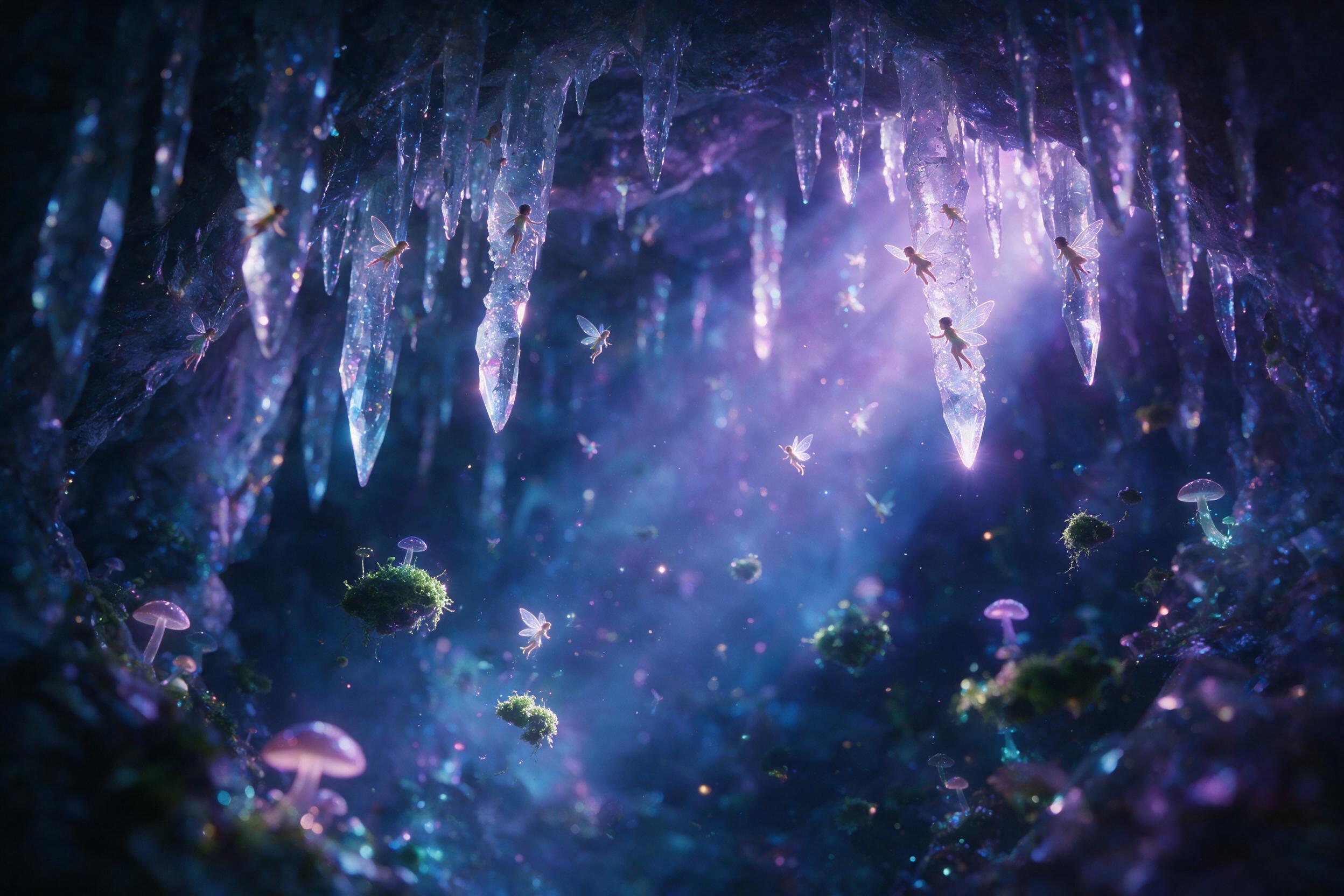 Glowing crystal cave deep underground, bioluminescent moss and mushrooms floating in midair, purple and blue light rays piercing through mist, tiny fairies with translucent wings perched on crystalline stalactites, dreamlike atmosphere, volumetric fog, soft rim lighting, 35mm photography, shallow de