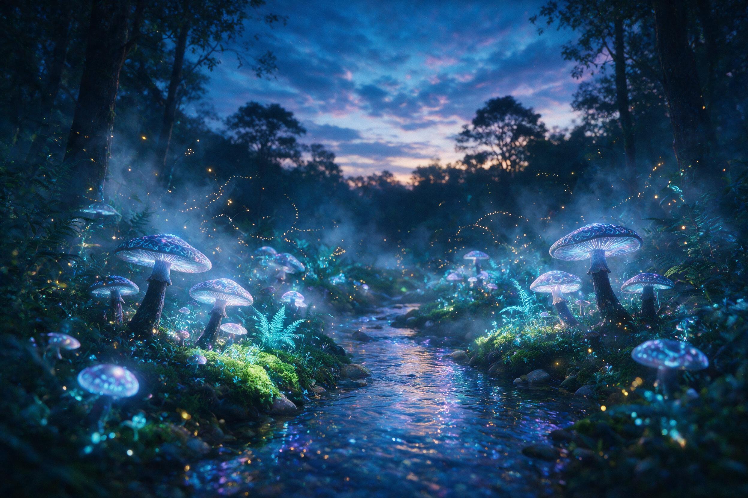 A luminous bioluminescent forest at dusk, with giant glowing mushrooms casting soft blue and purple light onto a winding stream. Fireflies swirl in the air. Mist rises from the ground. Composed with a wide-angle lens and shallow depth of field, natural lighting from the glowing flora, subtle grain f