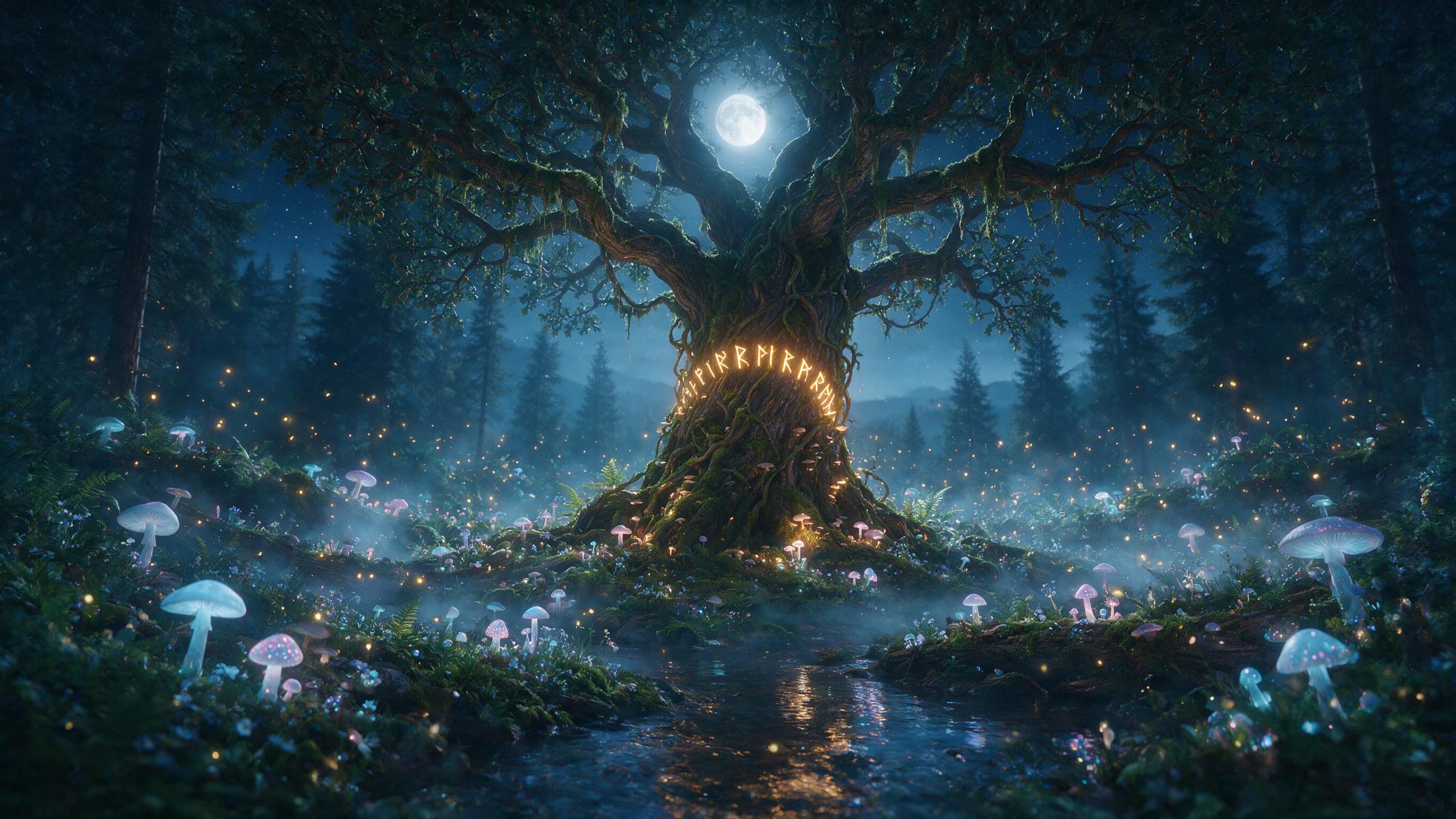 Enchanted moonlit forest glade with bioluminescent mushrooms and floating fireflies, ancient oak tree with glowing runes, misty ground, soft blue and purple hues, shallow depth of field, cinematic lighting, slight camera movement for ethereal feel