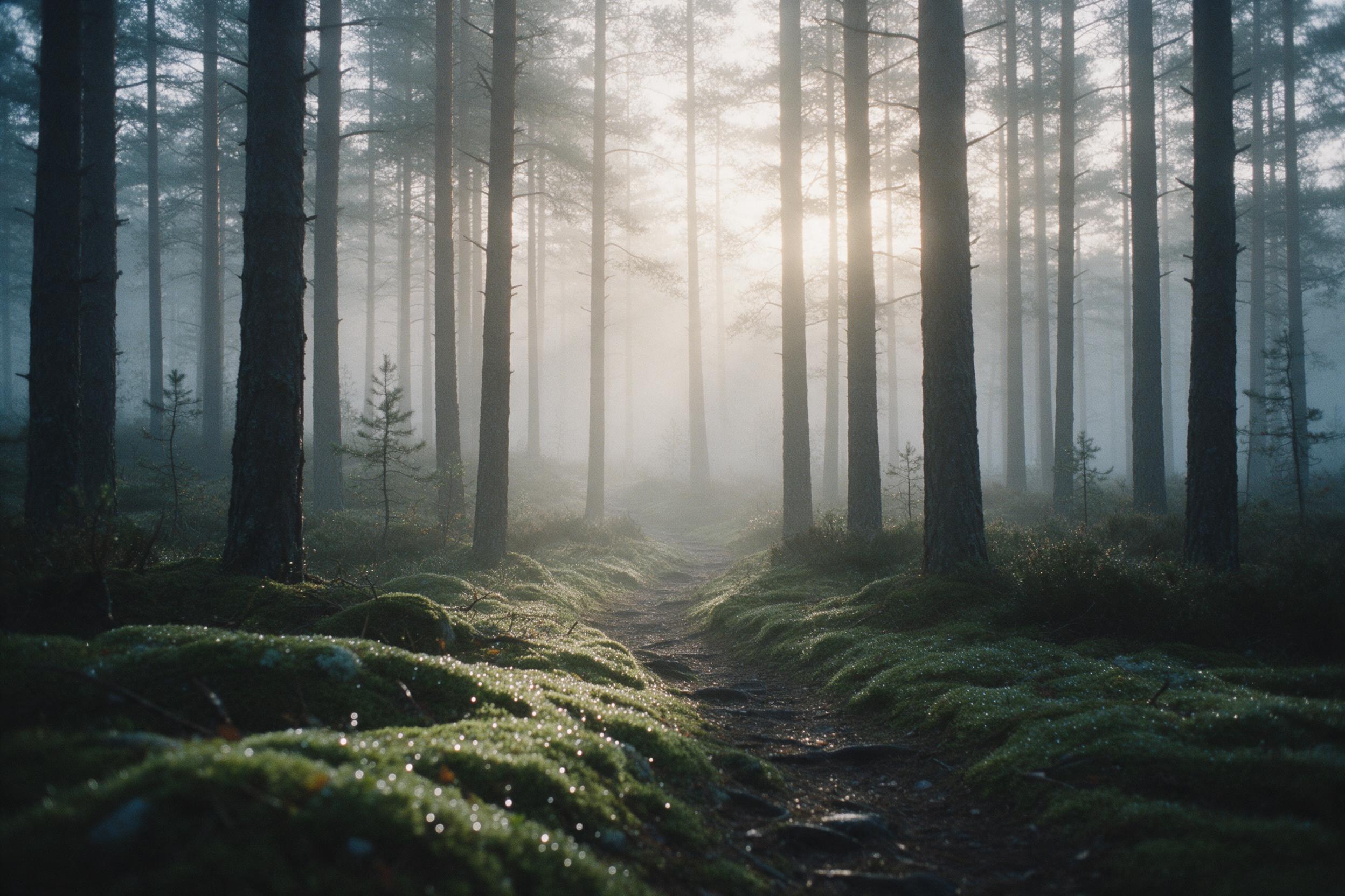 A misty pine forest at dawn, dew droplets on moss, soft golden sunlight filtering through tall trunks, a narrow winding path leading into the fog, subtle blue tones in the shadows, gentle depth of field, natural grain, no people, no animals