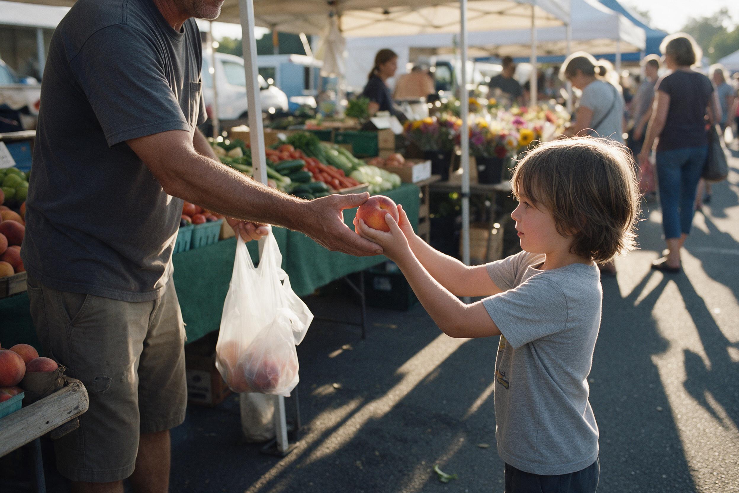 A bustling farmers market in the early morning, stalls with fresh produce and flowers, warm sunlight casting long shadows, a vendor handing a peach to a child, natural candid interaction, shallow depth of field, slight film grain