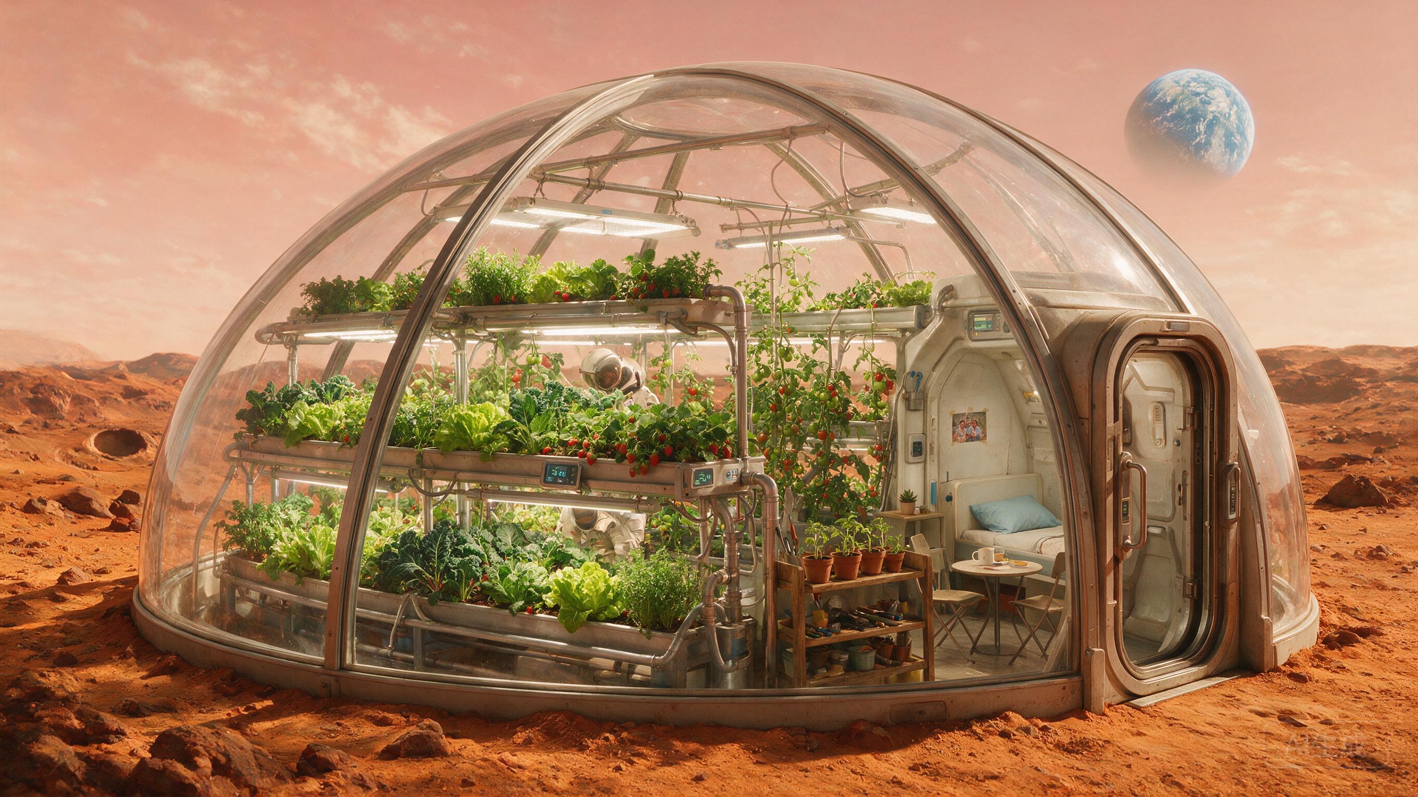 A lone astronaut tending a greenhouse on Mars, Earth visible through dome, hopeful atmosphere, vivid colors