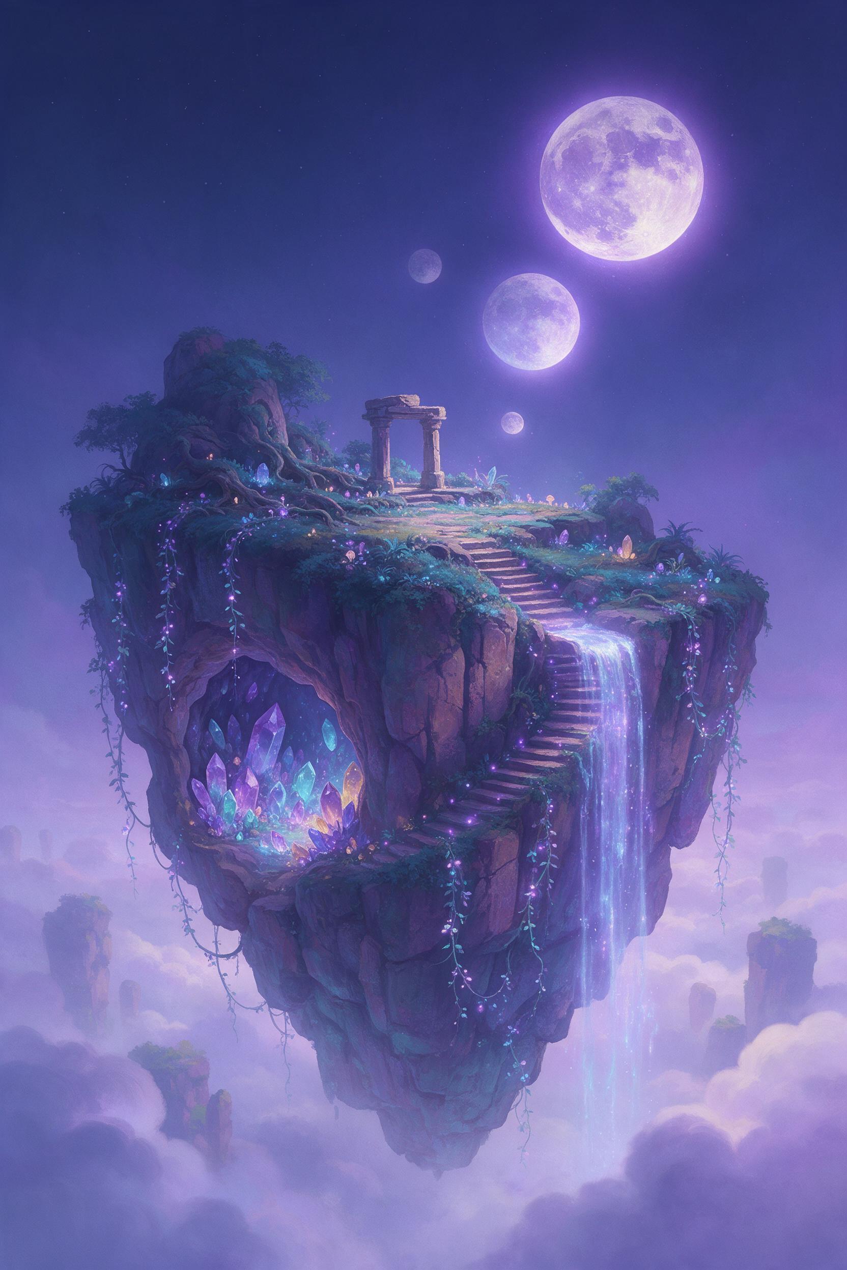 An ancient floating island with a crystal grove under a triple moon, soft bioluminescent vines cascading over cliffs, a winding stone stairway leading to a glowing waterfall, misty clouds below, warm violet and teal tones, surreal and serene, painted with delicate brushstrokes and ethereal light.