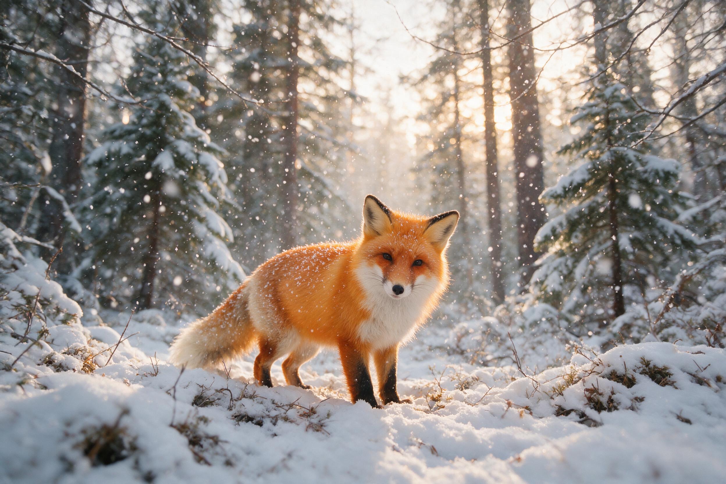 A close-up shot of a fox in a snowy forest, its fur bright orange against white snow, snowflakes falling softly, golden hour light filtering through trees, natural bokeh, slight camera shake, ambient cold mist.