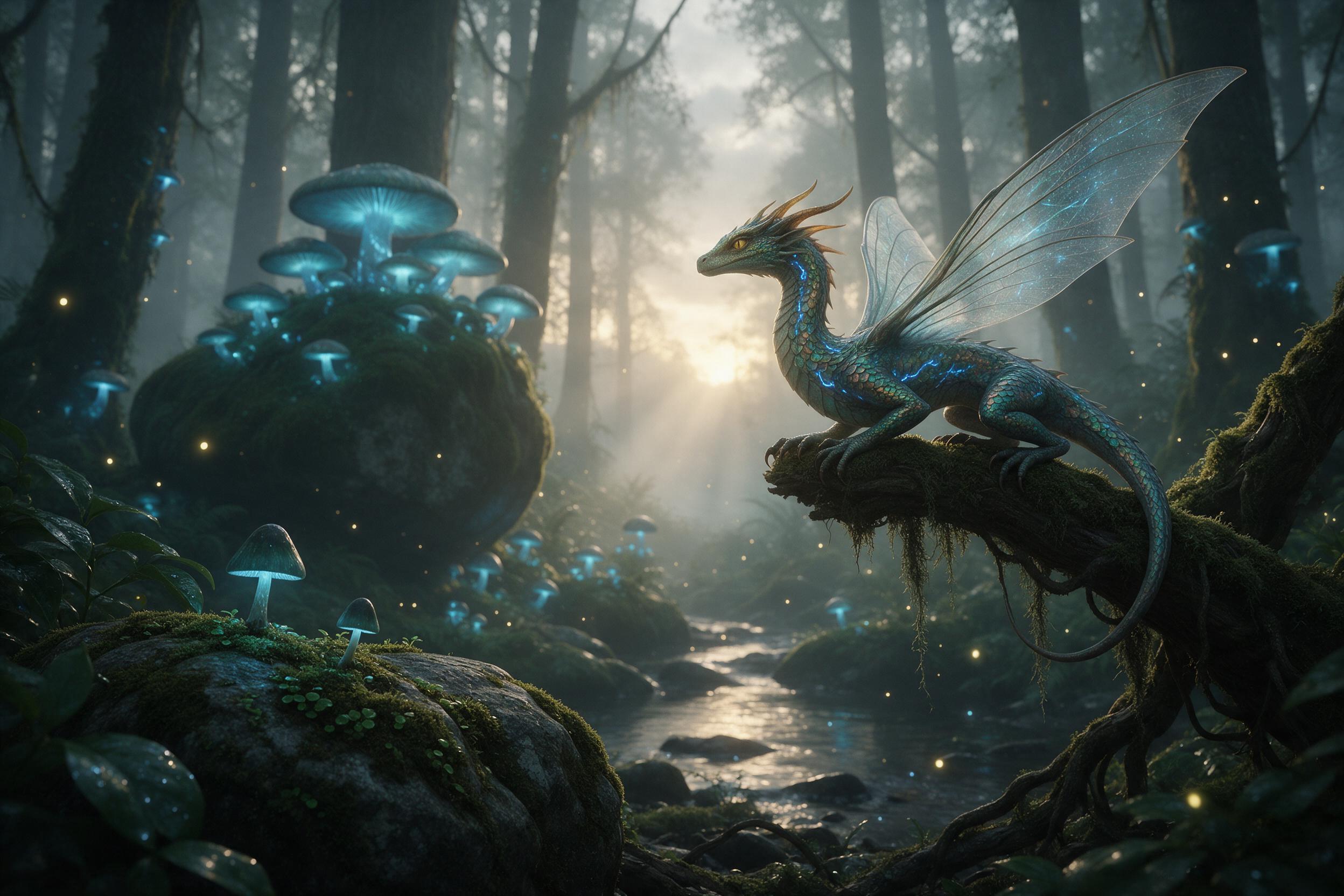 A misty ancient forest at dawn, giant glowing mushrooms casting soft blue light on mossy stones, a small dragon with iridescent scales resting on a branch, shafts of golden sunlight piercing through fog, scattered fireflies, rich greens and teals, cinematic composition with layered depth