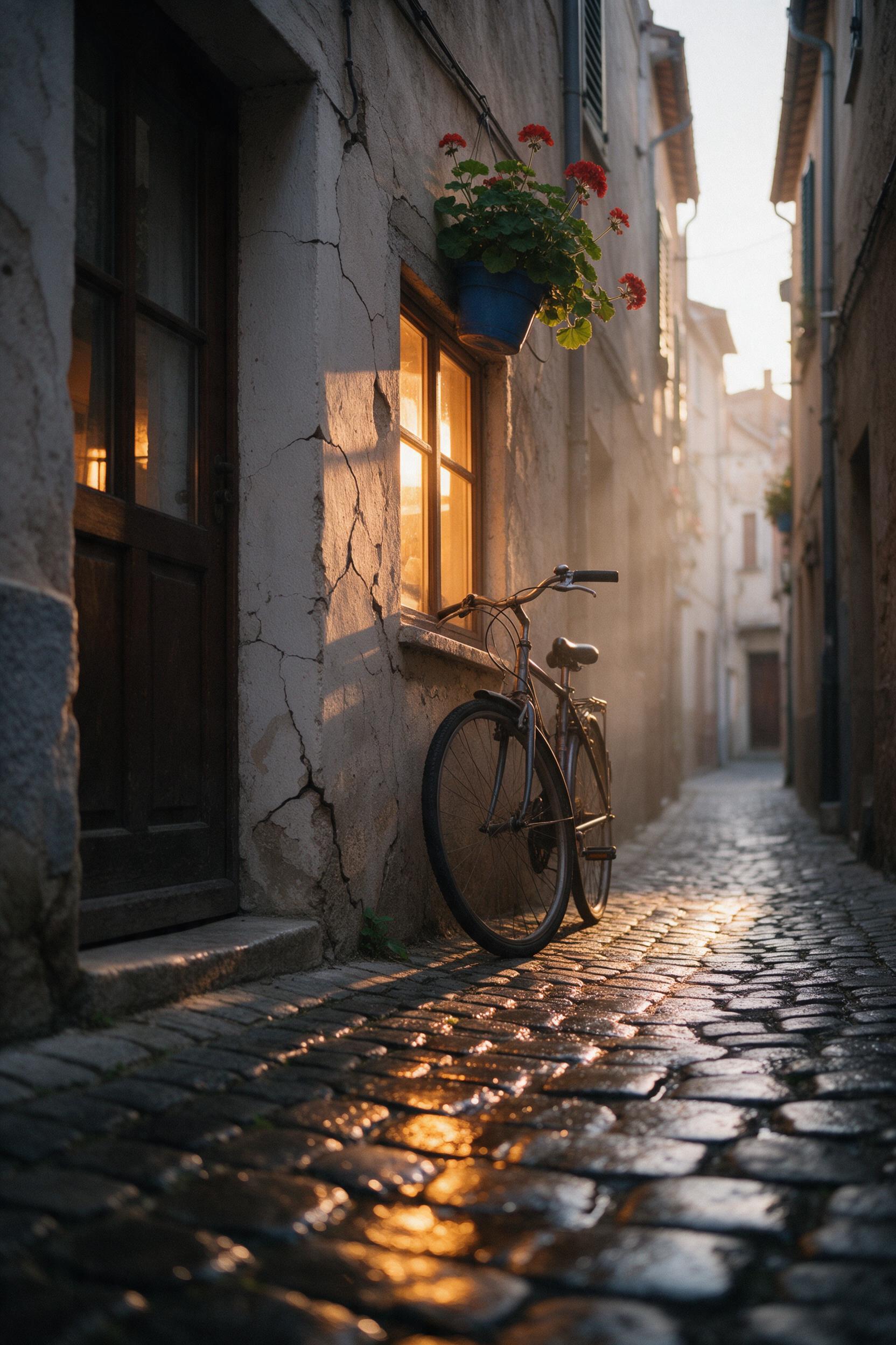 Golden hour light spills across a narrow European alley, wet cobblestones reflecting warm window glow. A bicycle leans against a cracked plaster wall, geraniums in a blue pot overhead. Slight haze and natural grain, shot from low angle with a shallow depth of field. No people, no modern signage.