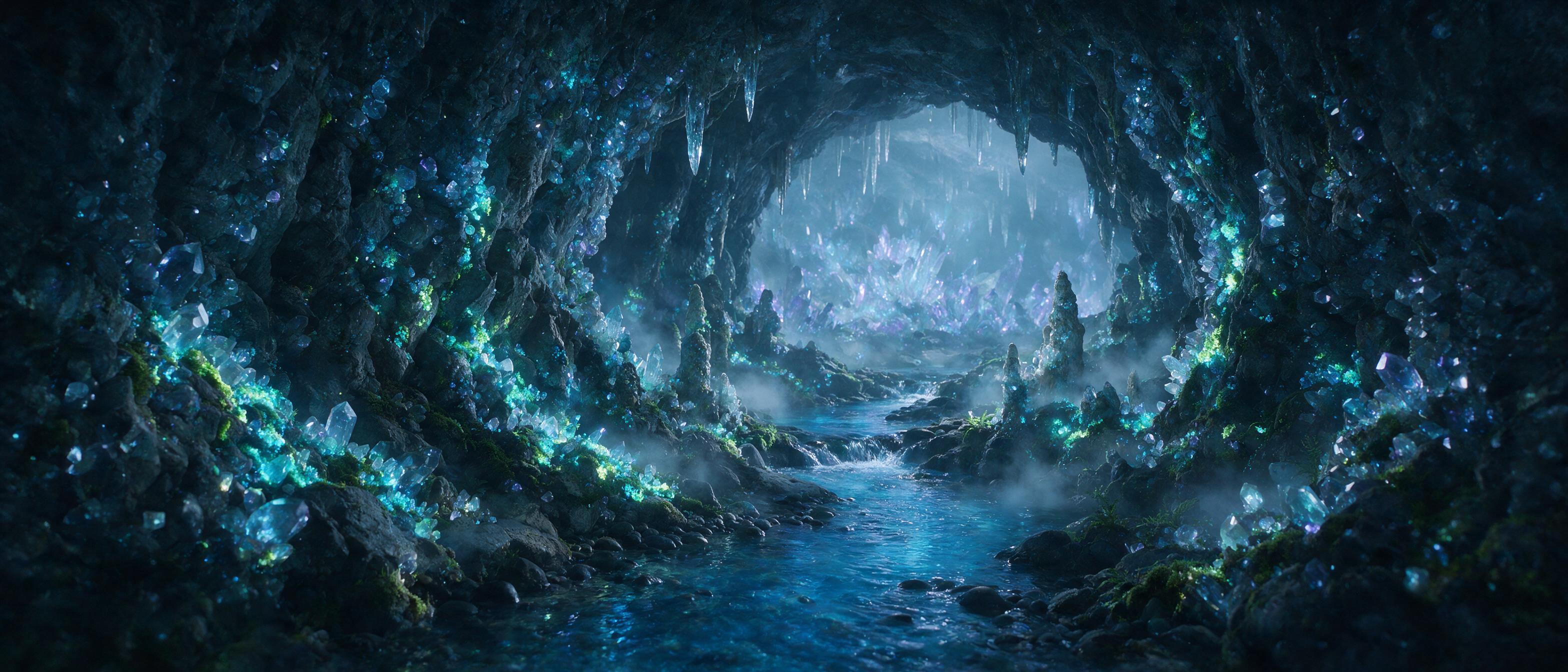 A glowing crystal cave deep underground, bioluminescent moss covering jagged walls, a small stream reflecting soft blue light, mist rising from the water, ethereal atmosphere, natural lighting, cinematic composition