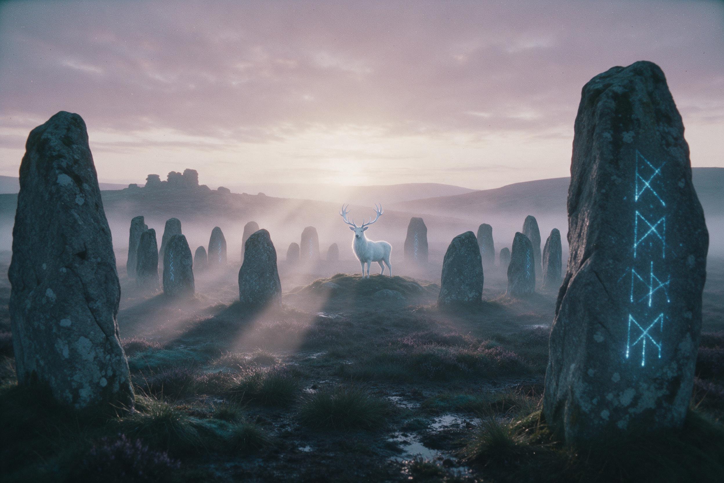 An ancient stone circle on a misty moor at dawn, glowing blue runes etched into the stones, a lone white stag with silver antlers stands in the center, ethereal light rays pierce the fog, soft volumetric lighting, subtle purple and teal color palette, cinematic composition, slight grain for atmosphe