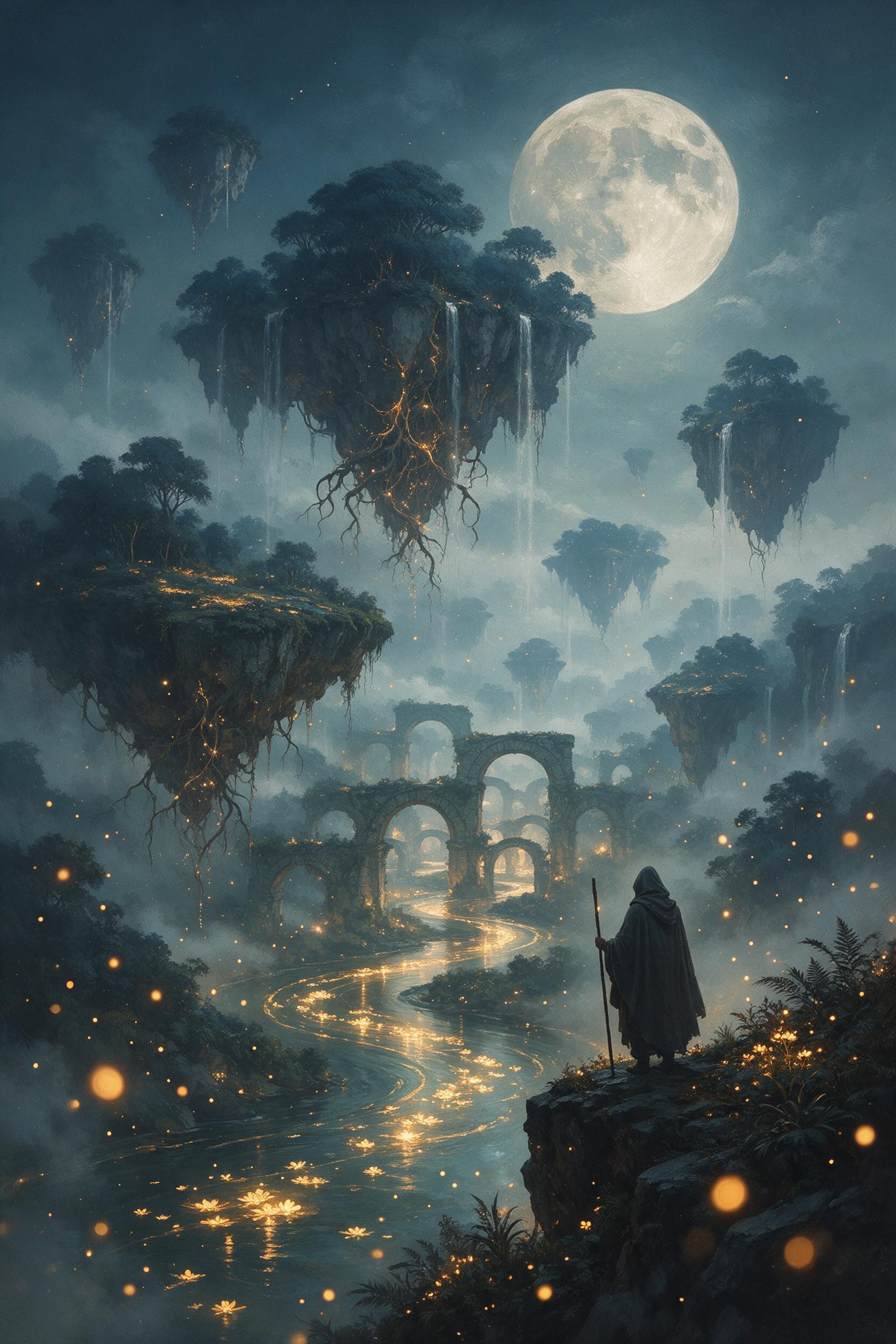 A hidden valley veiled in silver mist, floating islands tethered by glowing roots, a bioluminescent river winding through ancient stone arches, fireflies casting warm amber light, a lone hooded figure with a staff on a cliff edge, moonlit chiaroscuro, painterly texture, muted teal and gold palette, 