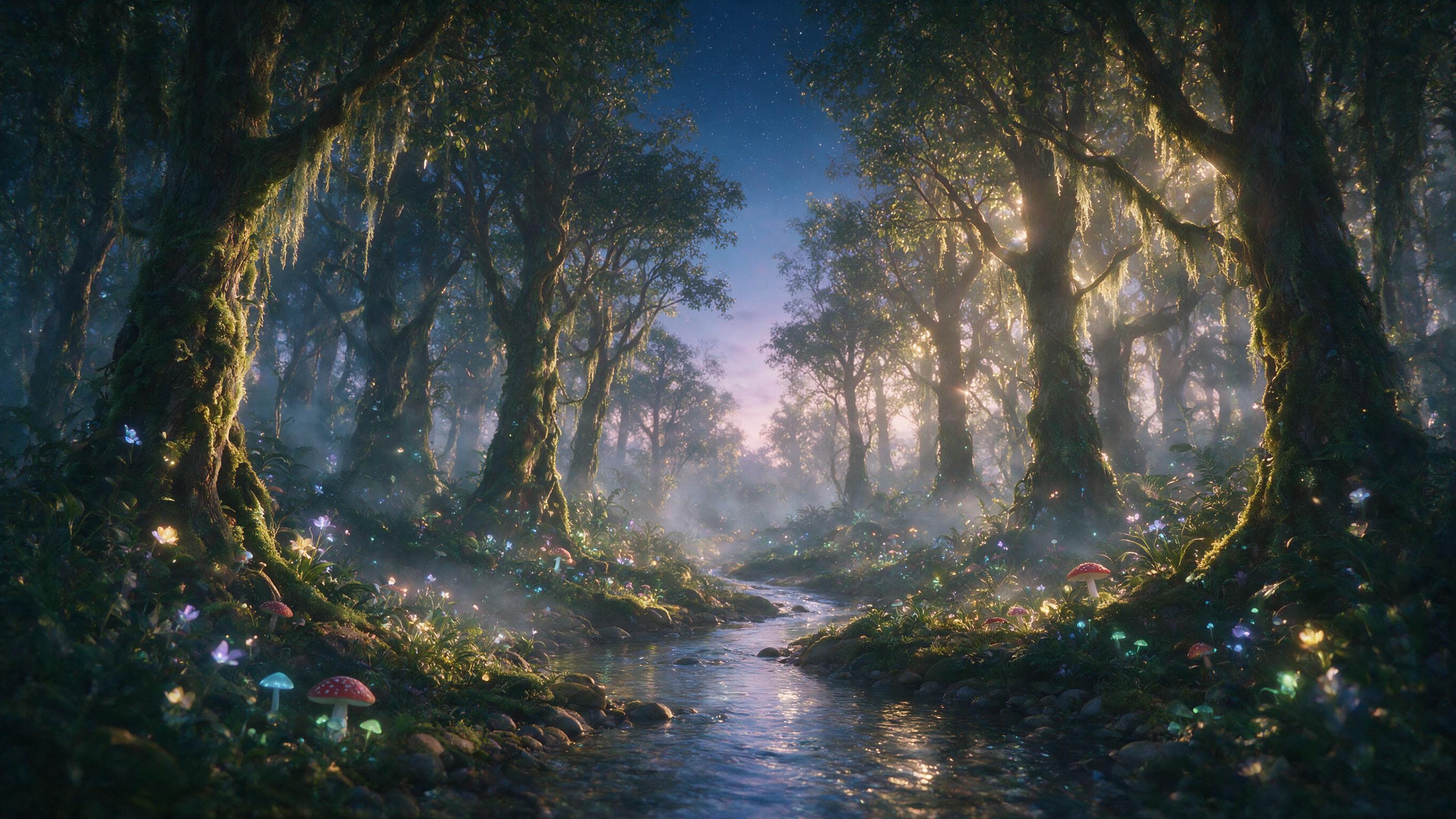A mystical forest at twilight, bioluminescent mushrooms and flowers glowing softly, a gentle stream reflecting the moonlight, mist floating between ancient trees, soft golden light filtering through the canopy, dreamy atmosphere, subtle lens flare, ethereal mood