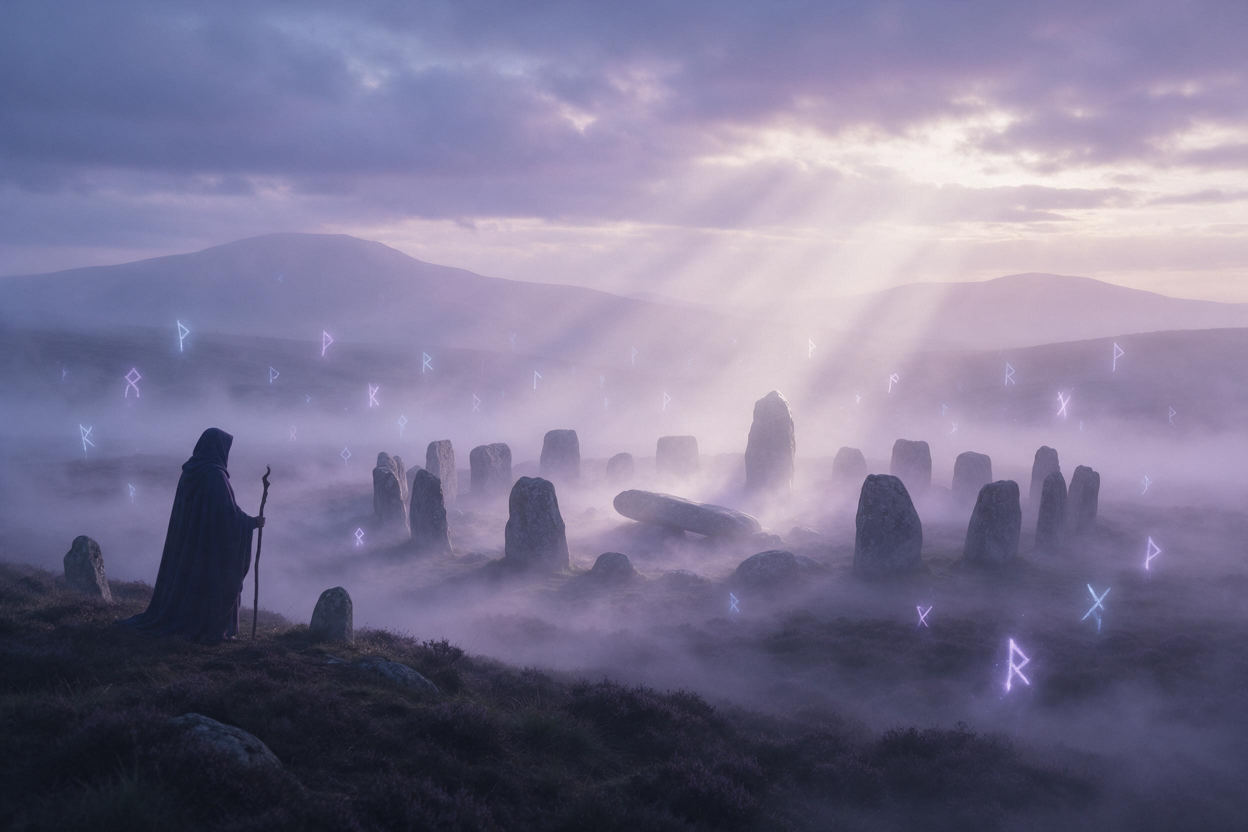 An ancient stone circle veiled in lavender mist on a misty moor, soft blue and violet glow from floating runes, ethereal light shafts piercing dawn clouds, a lone hooded figure with a staff overlooking the scene, misty atmosphere, dreamlike, muted color palette, slight vignette, hints of distant mou