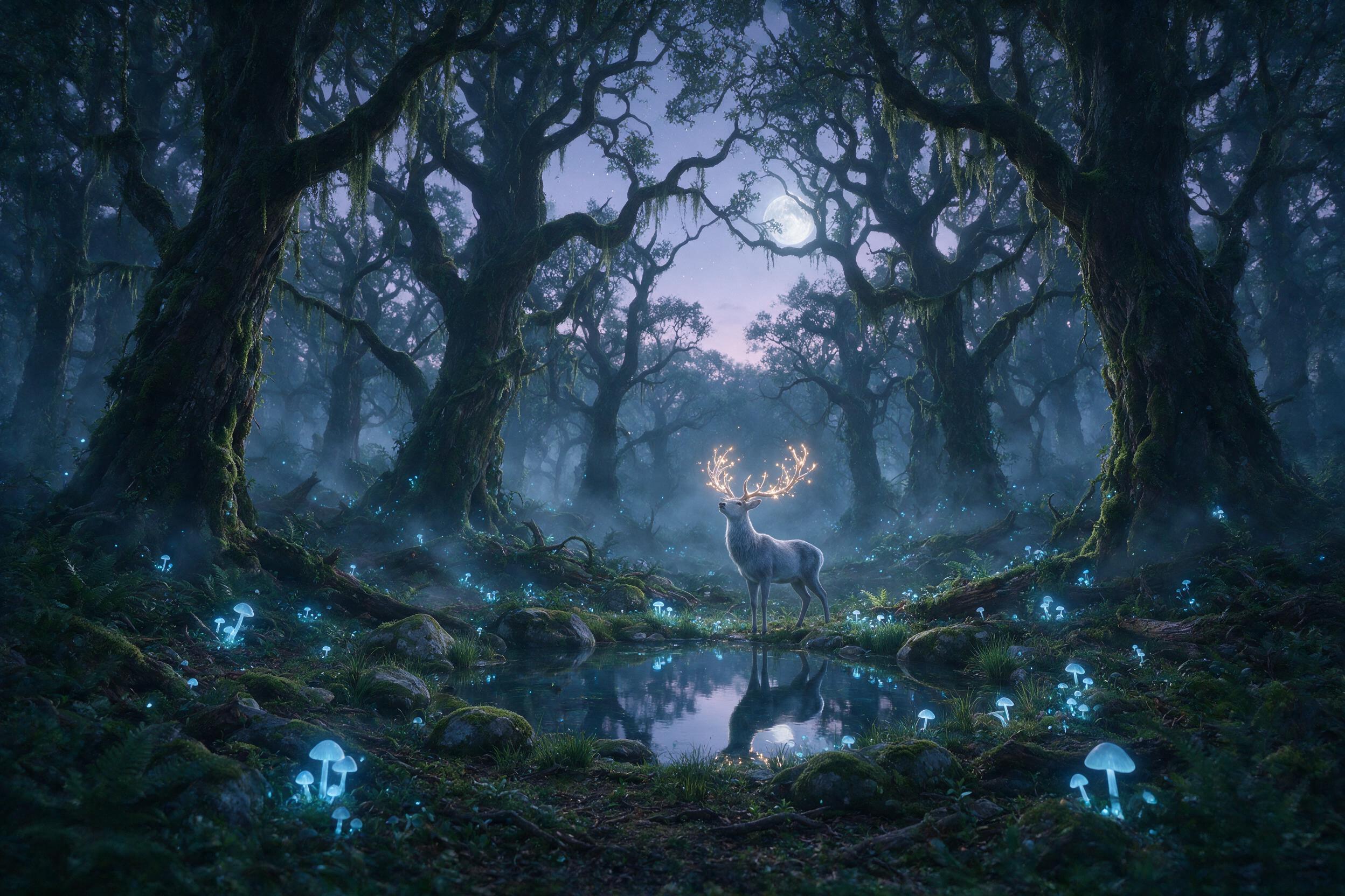A misty ancient forest at twilight, glowing blue mushrooms carpet the ground, a silver stag with luminous antlers stands by a crystal-clear pond, soft moonlight filtering through twisted branches, gentle fog swirls, ethereal atmosphere, subtle bioluminescence.
