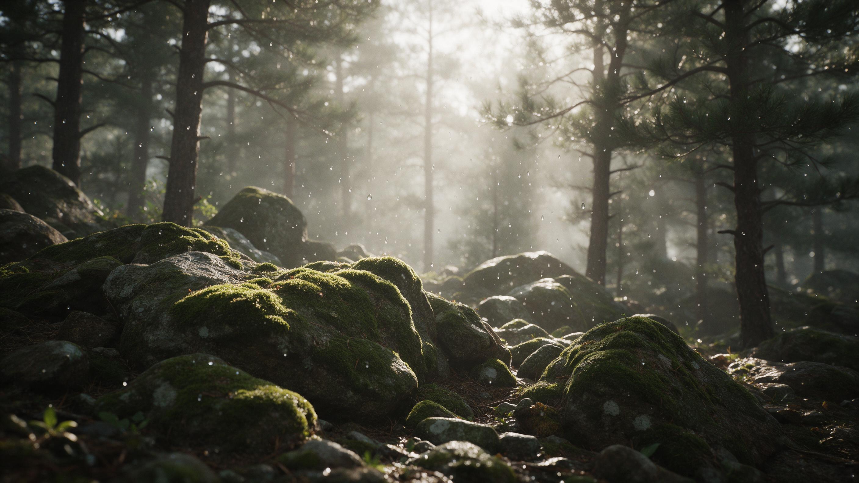 Sunlight filtering through misty pine forest, moss-covered rocks in foreground, soft god rays, gentle water droplets in air, damp earth tones, wide-angle composition, still morning atmosphere
