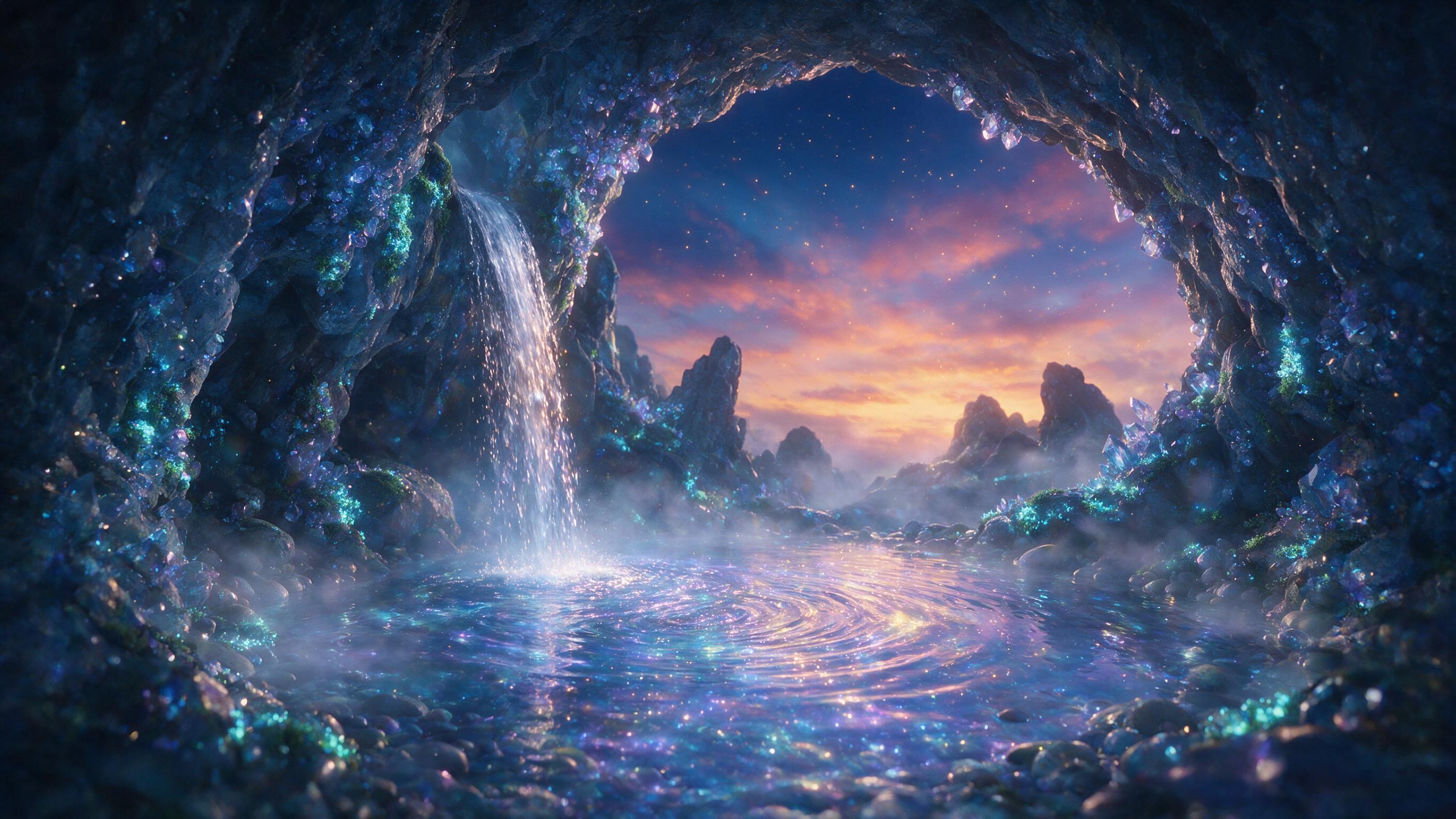 A luminous crystal cave beneath a twilight sky, glowing bioluminescent moss on jagged rocks, a single silver waterfall cascading into a pool of liquid starlight, soft mist swirling, ethereal blue and purple hues, dreamlike atmosphere, subtle lens flare.
